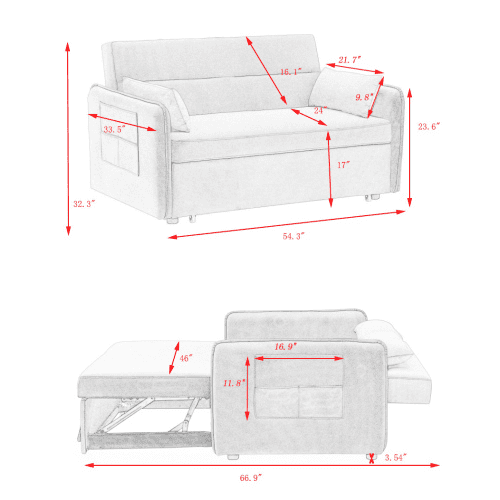 2120 Sofa Pull Out Bed Included Two Pillows 54" Grey Velvet Sofa for Small Spaces