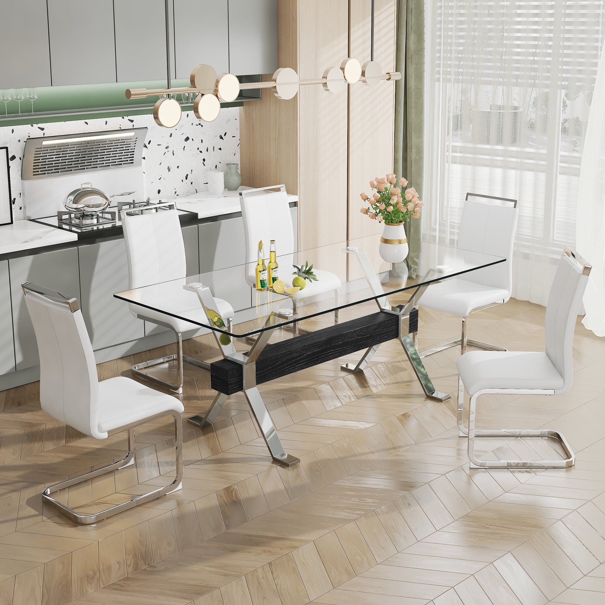 Dining table. Modern tempered glass dining table. Large modern office desk with silver plated metal legs and MDF crossbars, suitable for both home and office use. Kitchen. 79 ''x39''x30 '' 1105