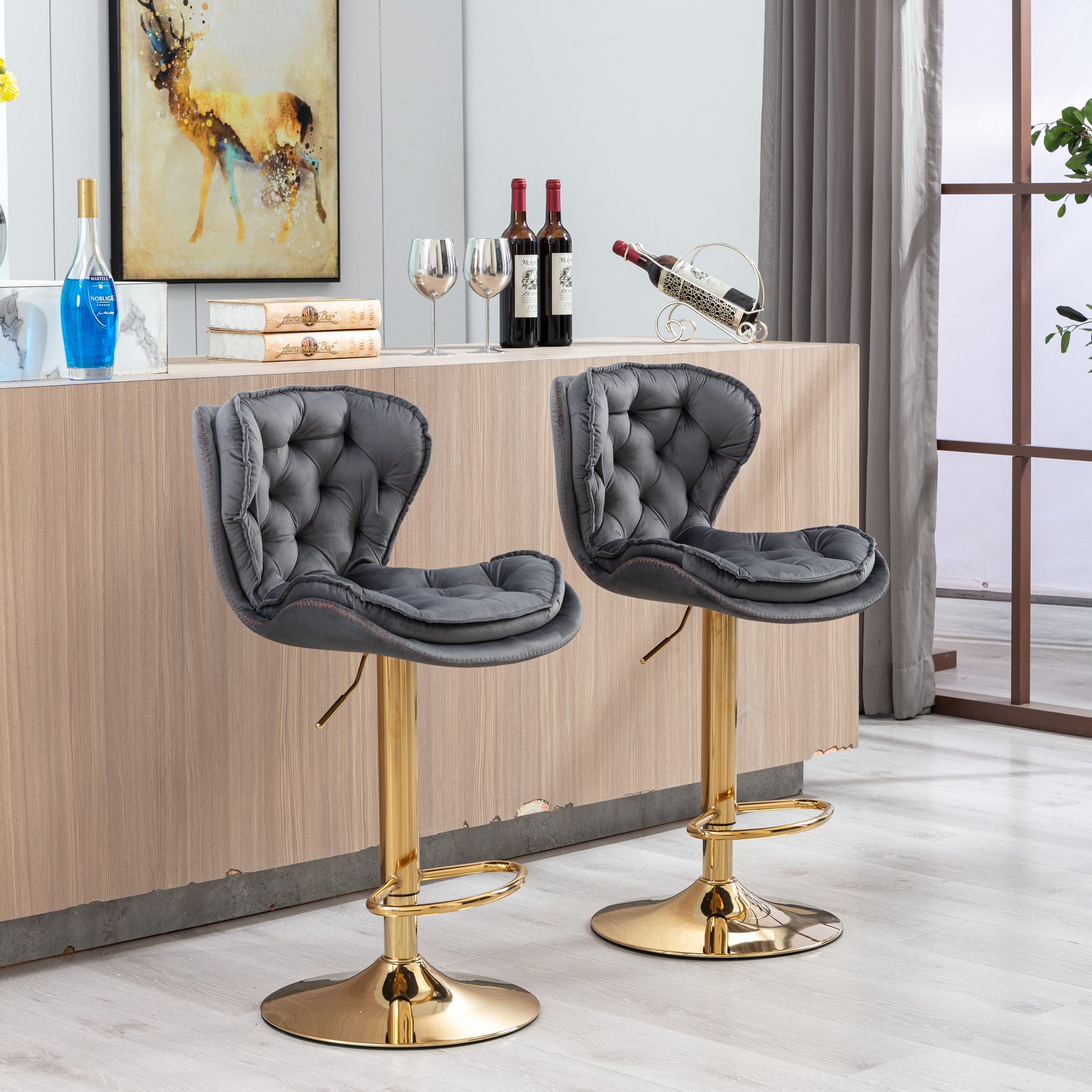 Set of 2  Bar Stools,with Chrome Footrest and Base Swivel Height Adjustable Mechanical Lifting Velvet + Golden Leg Simple Bar Stool-gray