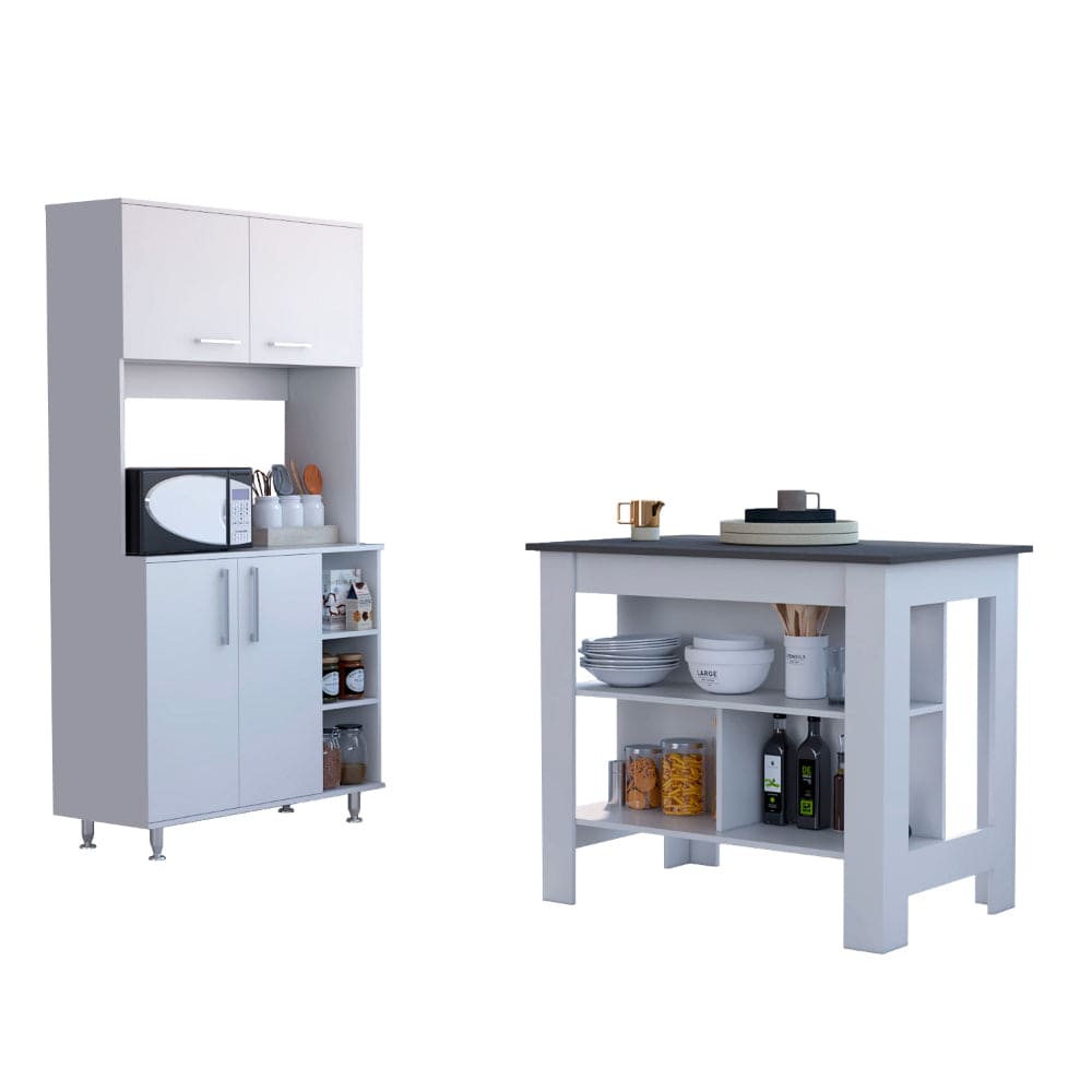 Ralston 2-Piece Kitchen Set, Kitchen Island and Pantry Cabinet, White and Onyx