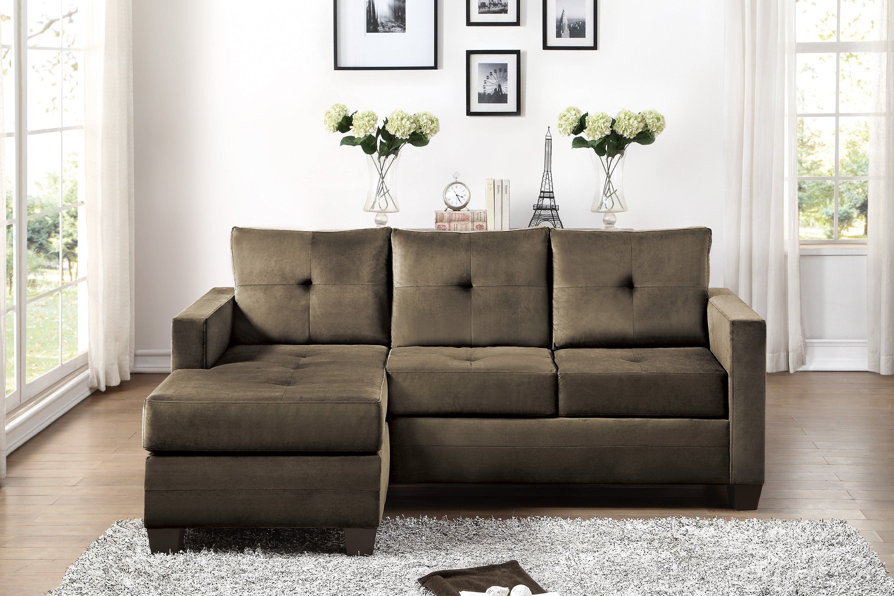 Unique Style Coffee Color 1pc Reversible Sofa Chaise Microfiber Fabric Upholstered Track Arms Tufted High Density Form Sectional Sofa