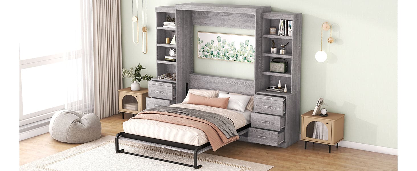 Full Size Murphy Bed with Storage Shelves and Drawers, Gray