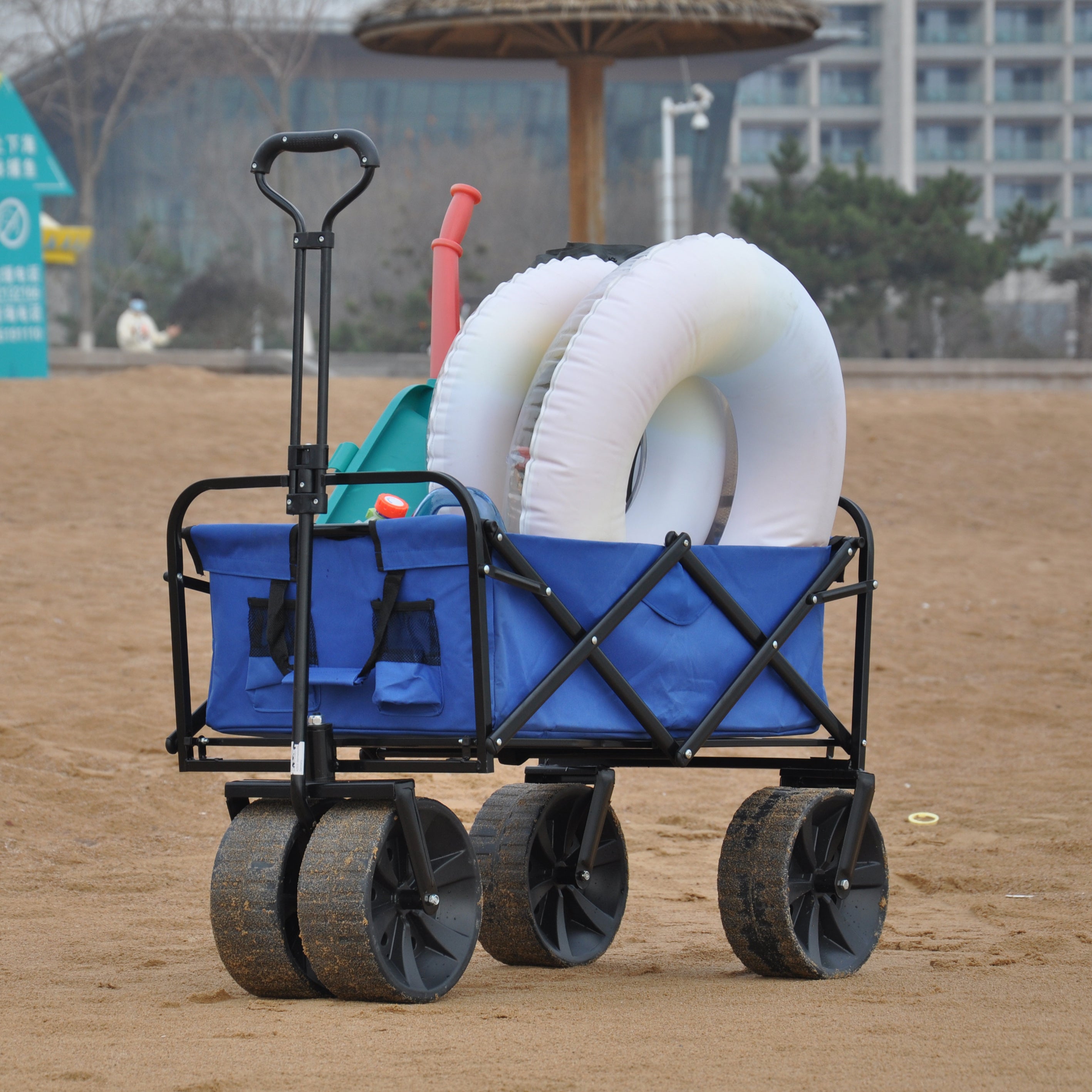 Folding Wagon Garden Shopping Beach Cart (Blue)