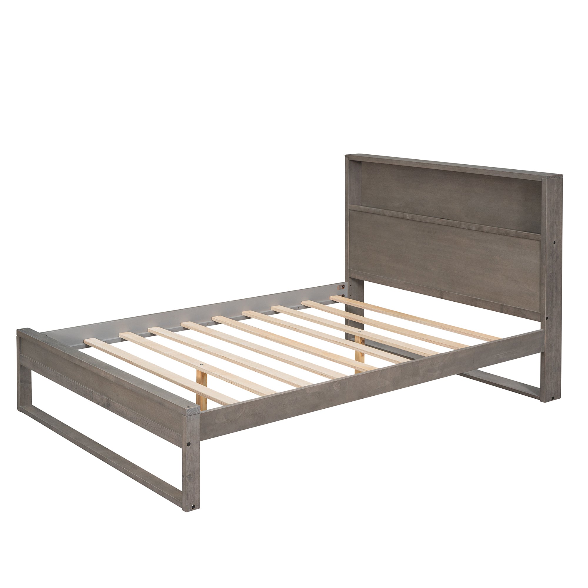 Platform Bed with Storage Headboard,Sockets and USB Ports,Full Size Platform Bed,Antique Gray