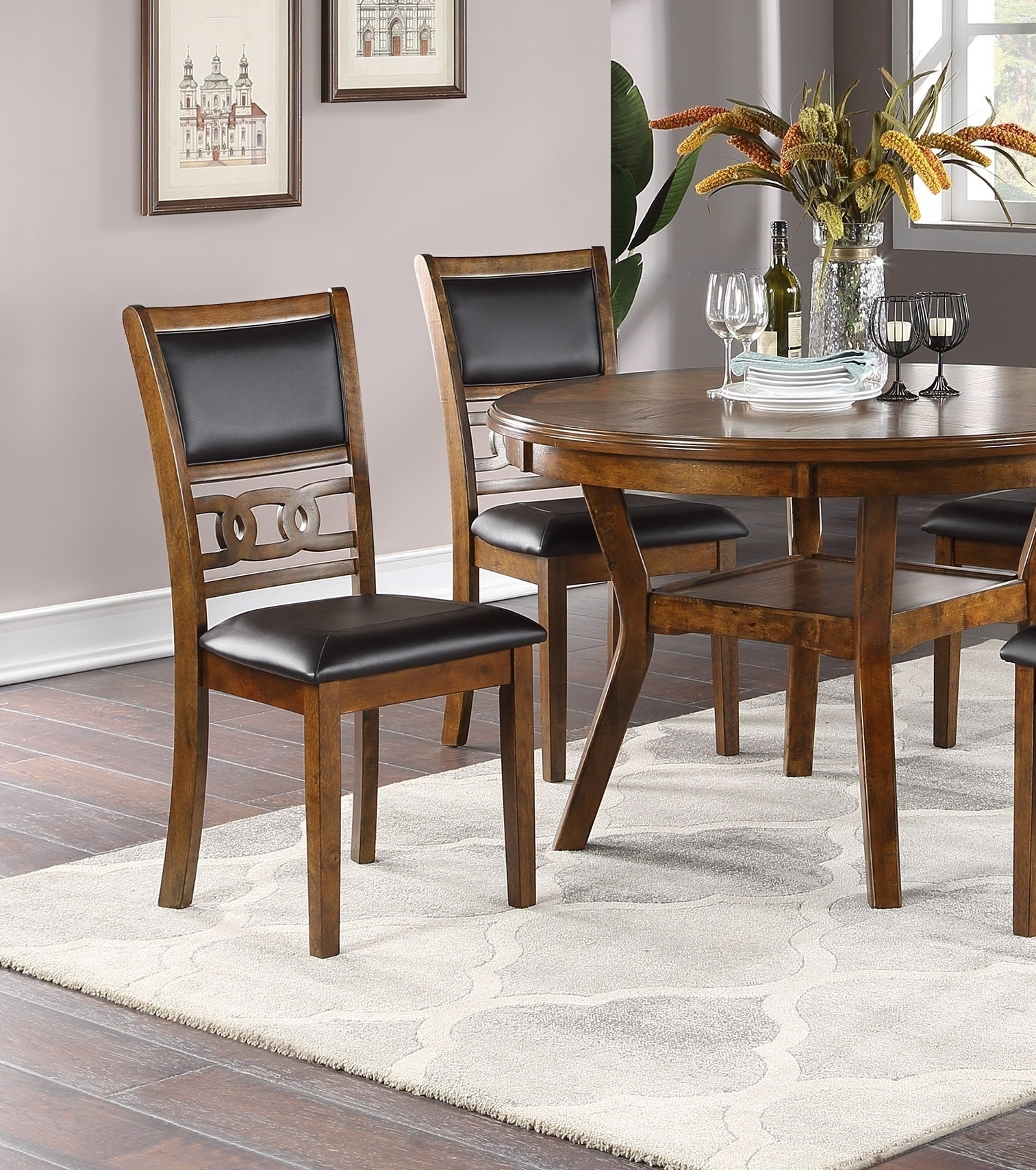 Contemporary Dining 5pc Set Round Table w 4x Side Chairs Walnut Finish Rubberwood Unique Design