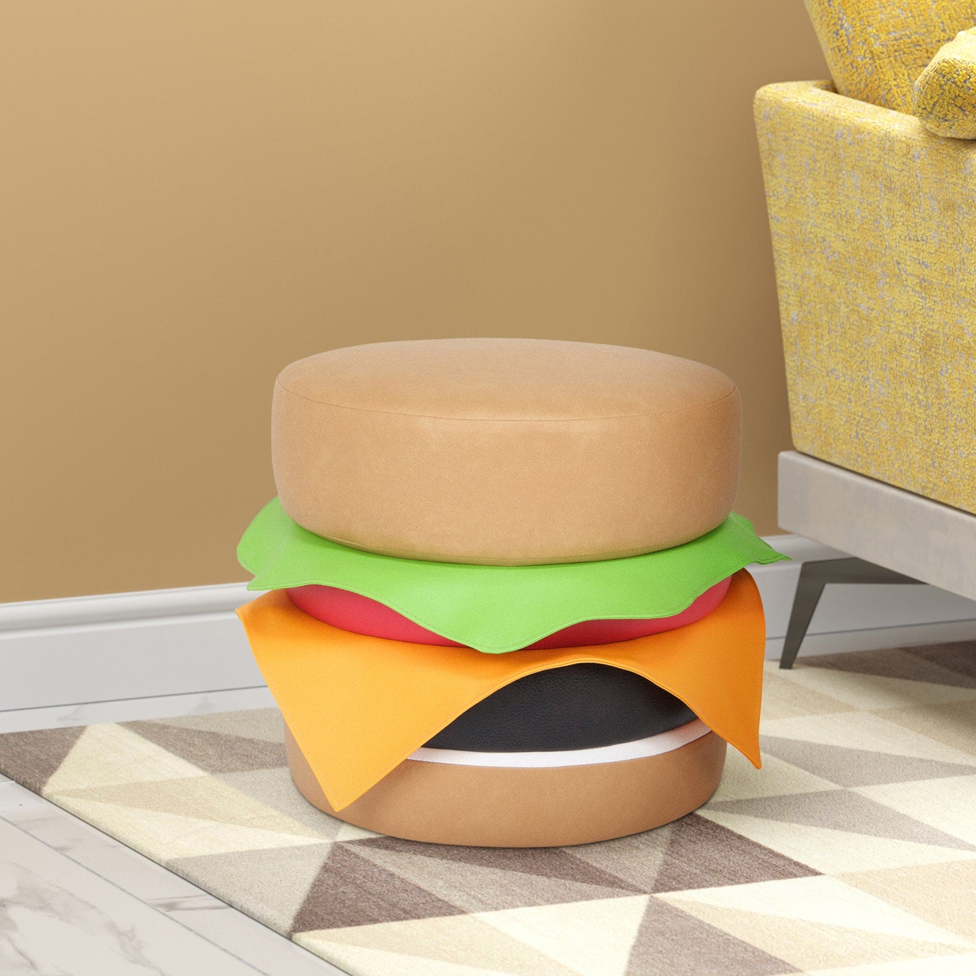 Multi Color Faux Leather Cheeseburger Ottoman, Modern Round Ottoman for Living Room, Bedroom and Apartment with Solid Wood Frame