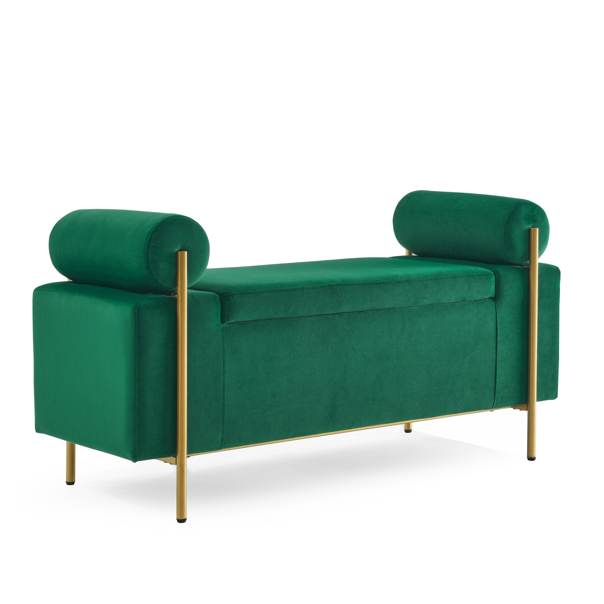 Elegant Upholstered Velvet Storage Bench with Cylindrical Arms and Iron Legs for Hallway Living Room Bedroom, Green