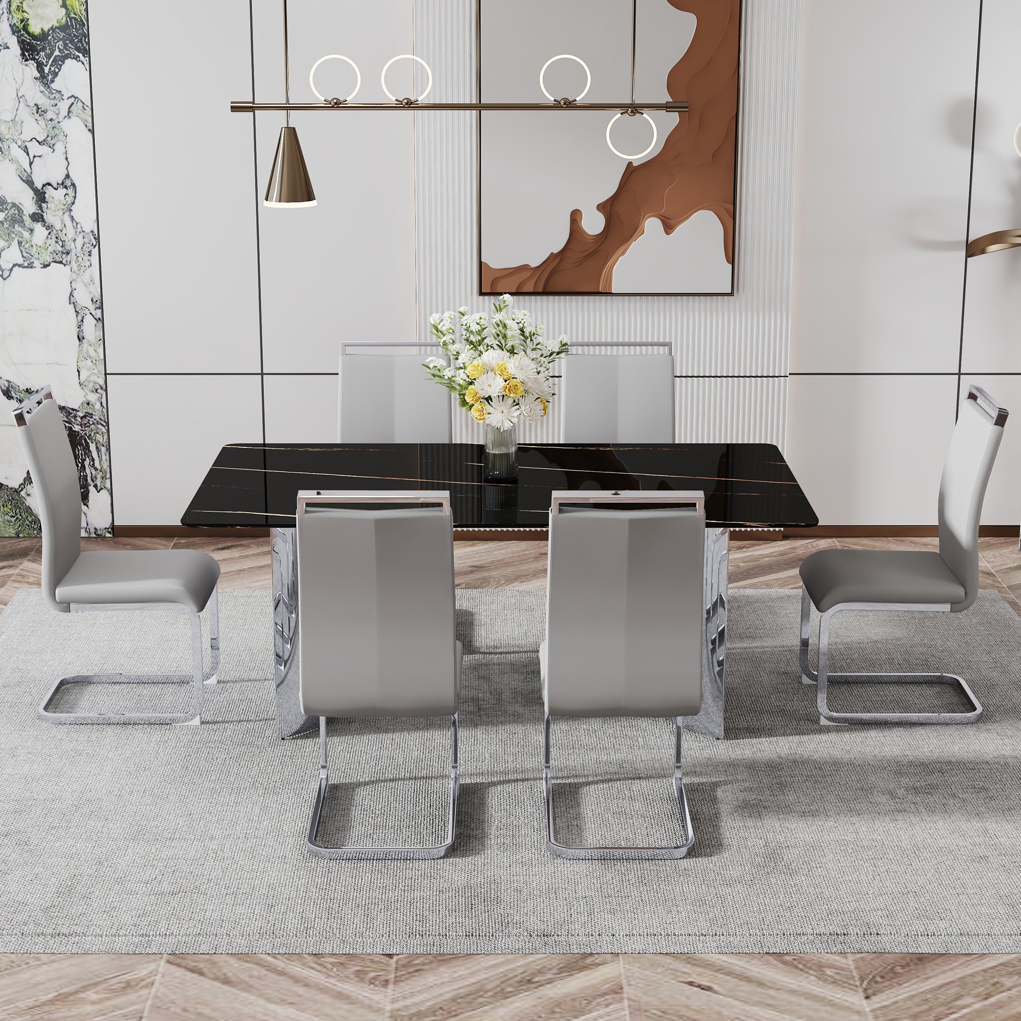 Modern minimalist dining table. The black imitation marble glass desktop is equipped with silver metal legs. Suitable for restaurants and living rooms 71 "* 39.3" * 29.5 "DT-69