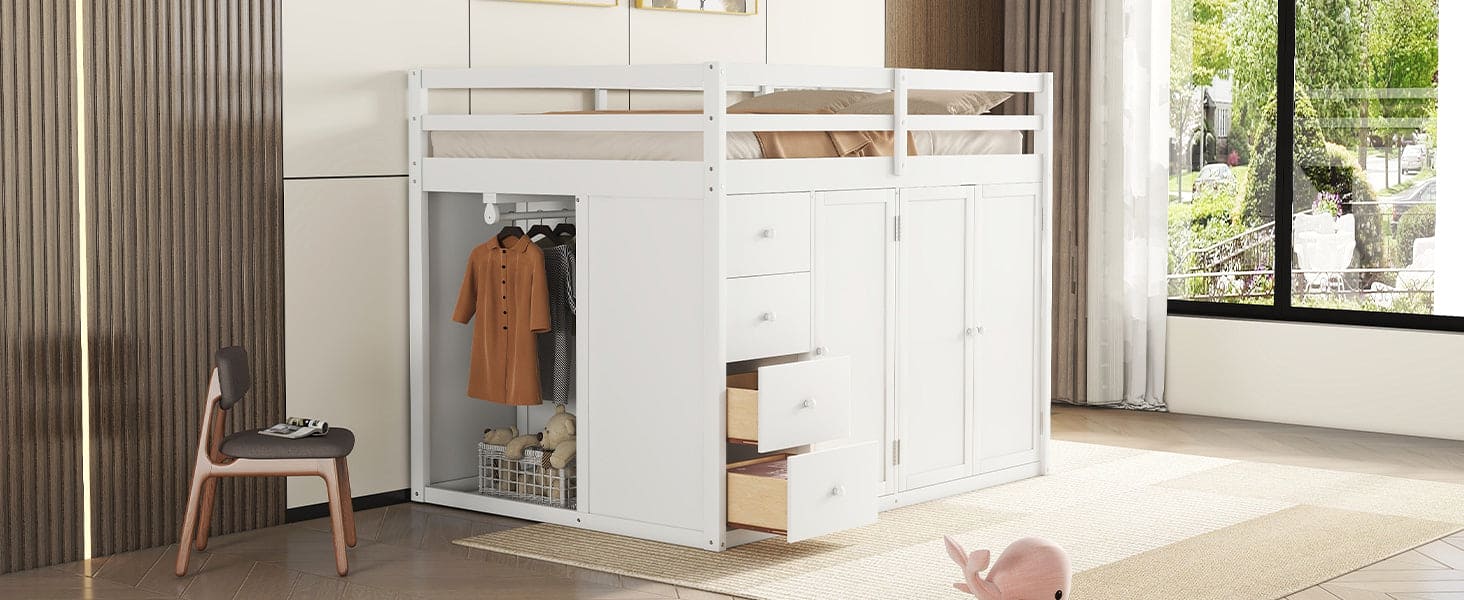 Full Size Wood Loft Bed With Built-in Wardrobes, Cabinets and Drawers, White