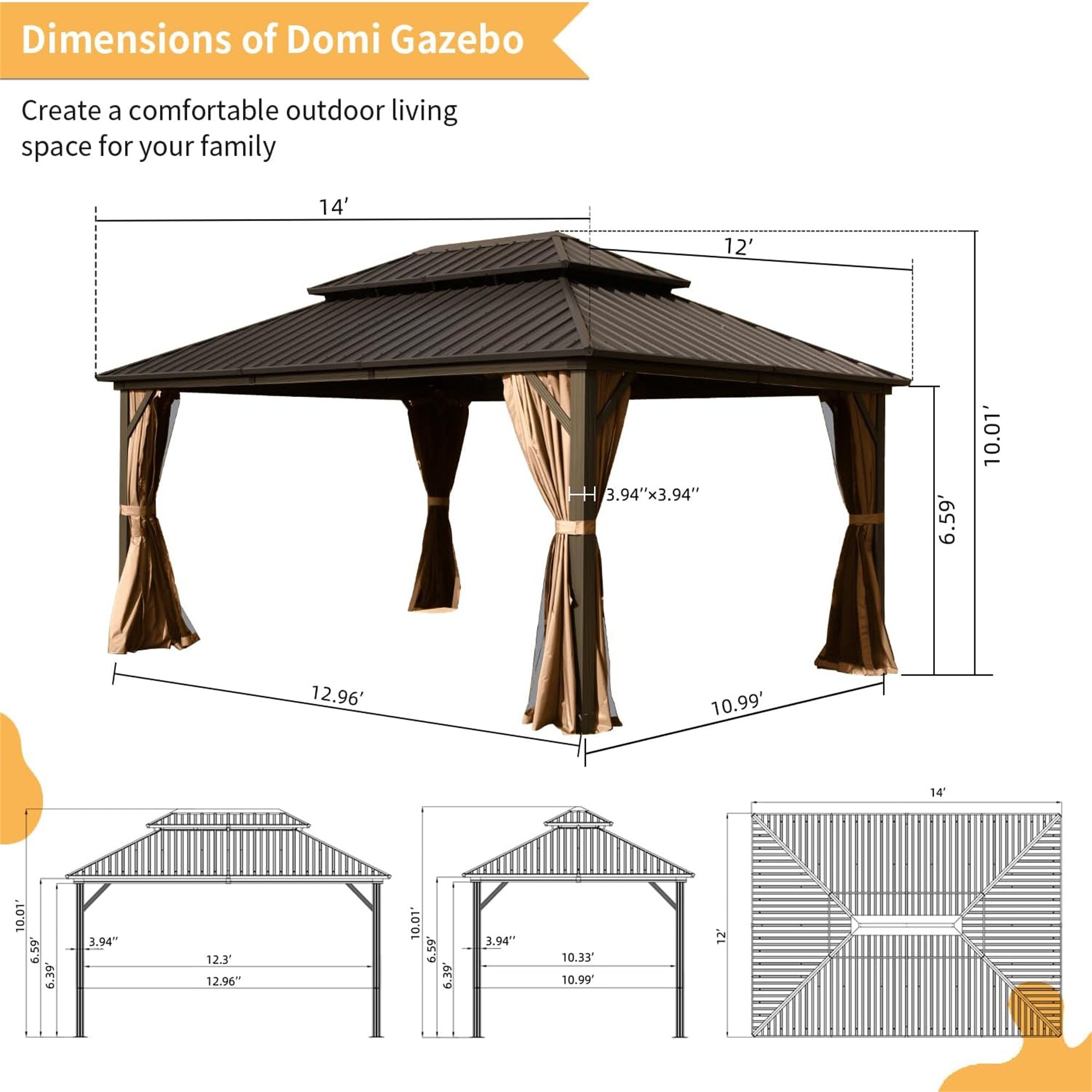 12' X 14' Hardtop Gazebo, Aluminum Metal Gazebo with Galvanized Steel Double Roof Canopy, Curtain and Netting, Permanent Gazebo Pavilion for Party, Wedding, Outdoor Dining, Brown