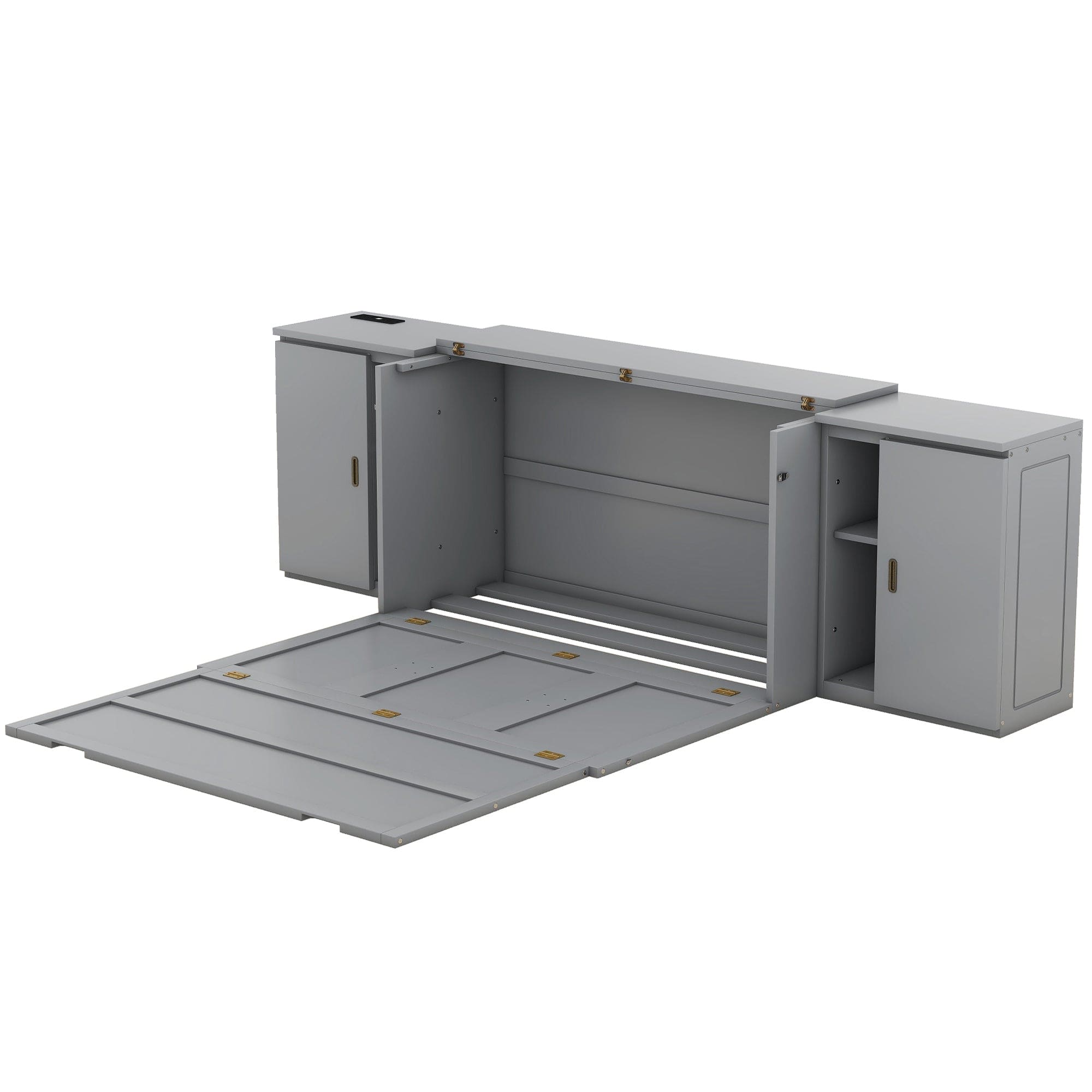 Queen Size Murphy Bed with Shelves, Cabinets and USB Ports,Gray