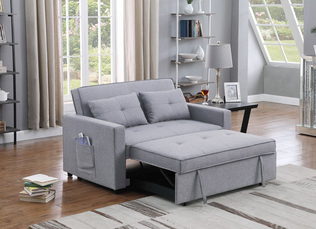 Zoey Light Gray Linen Convertible Sleeper Loveseat with Side Pocket