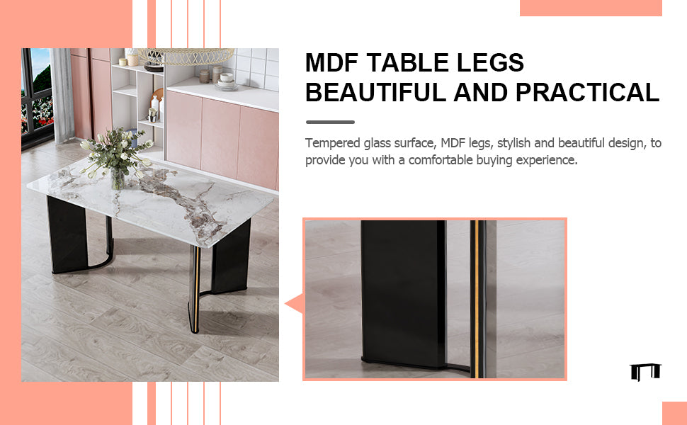 Modern minimalist rectangular dining table, white imitation marble tabletop, MDF table legs with gold metal decorative strips. Suitable for restaurant and living room   F-HH