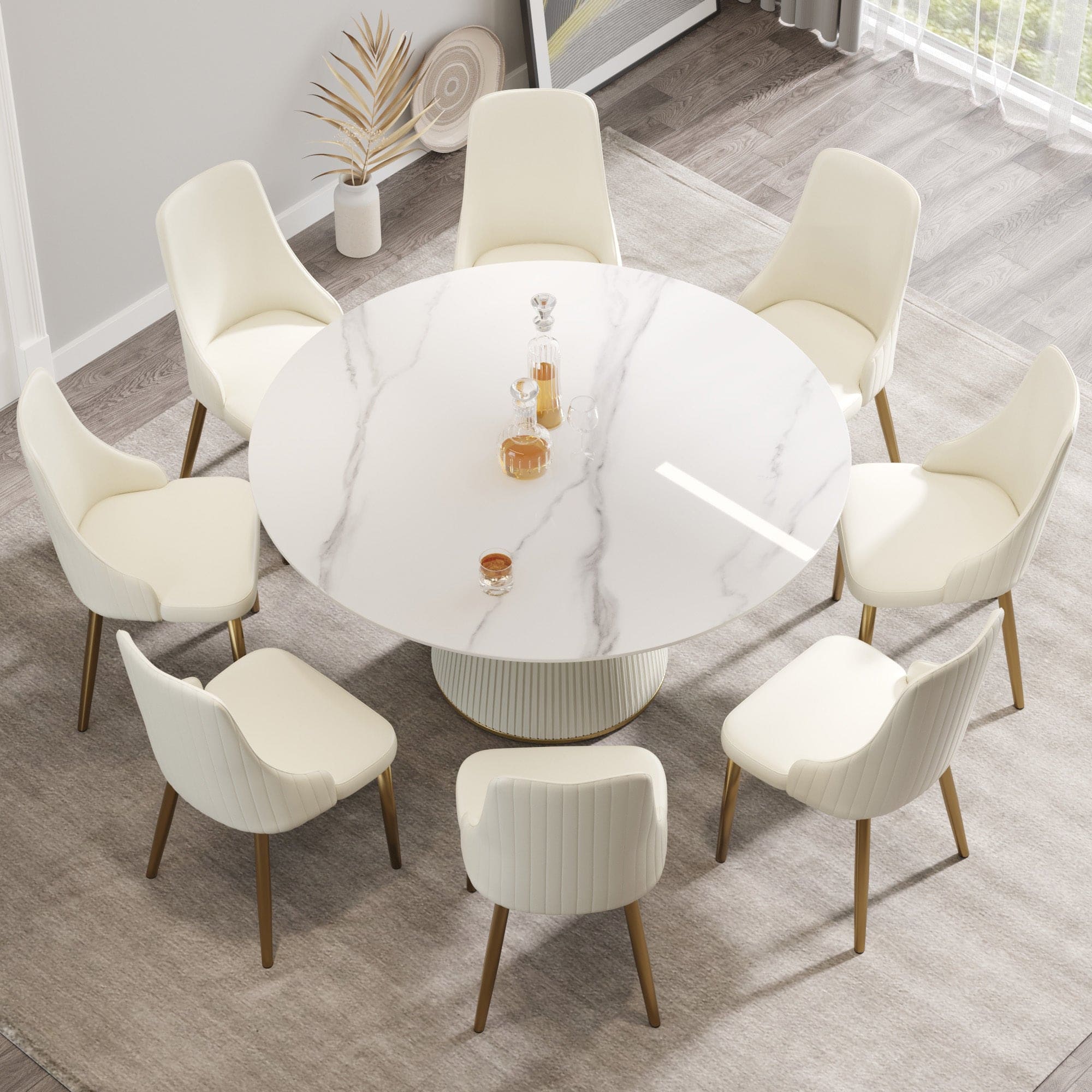 59.05 "Modern white artificial stone round beige plywood PU base dining table-can accommodate 8 people. (Not including chairs. )