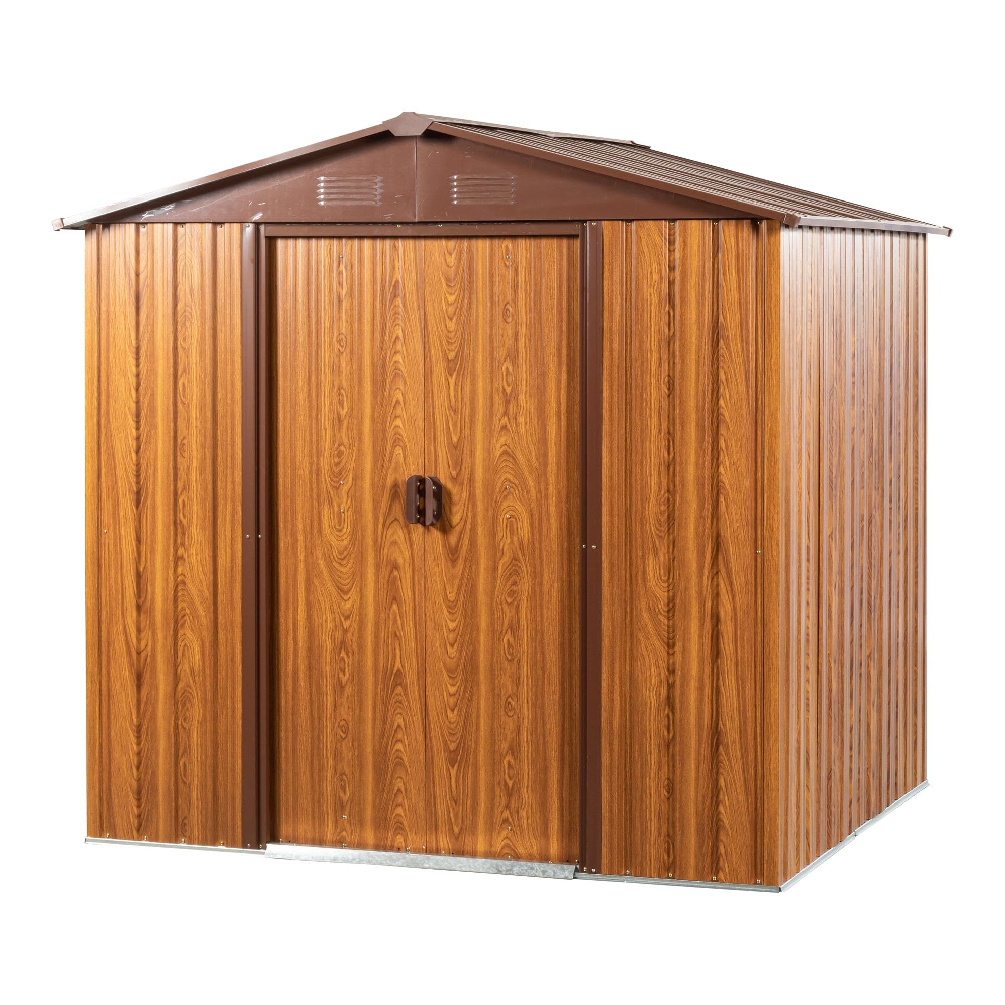 6 Ft. W X 6 Ft. D Metal Storage Shed Appealing horizontal siding  in woodgrain with coffee trim to complement