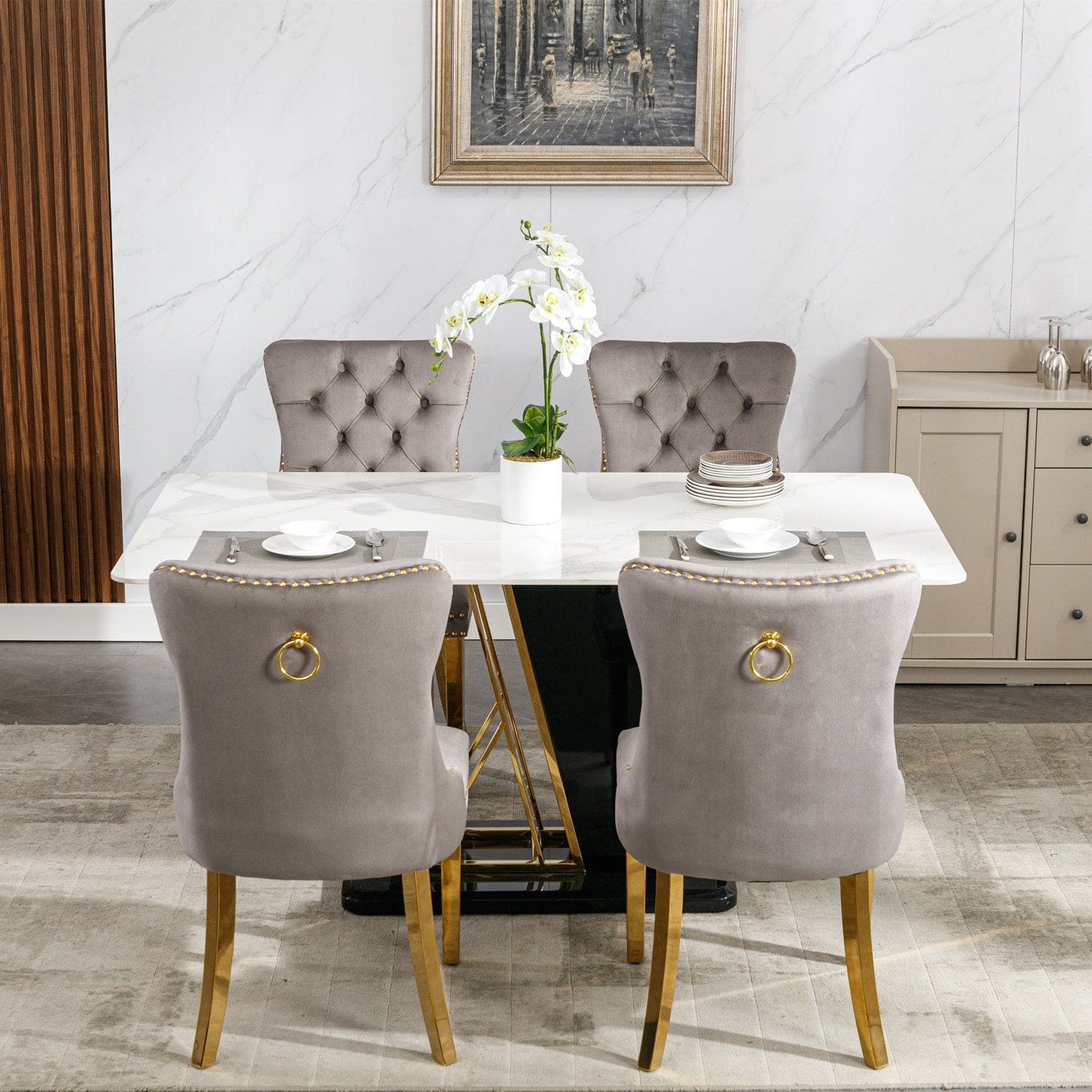 Nikki Collection Modern, High-end Tufted Solid Wood Contemporary Velvet Upholstered Dining Chair with Golden Stainless Steel Plating Legs,Nailhead Trim,Set of 2,Gray and Gold, SW1601GY