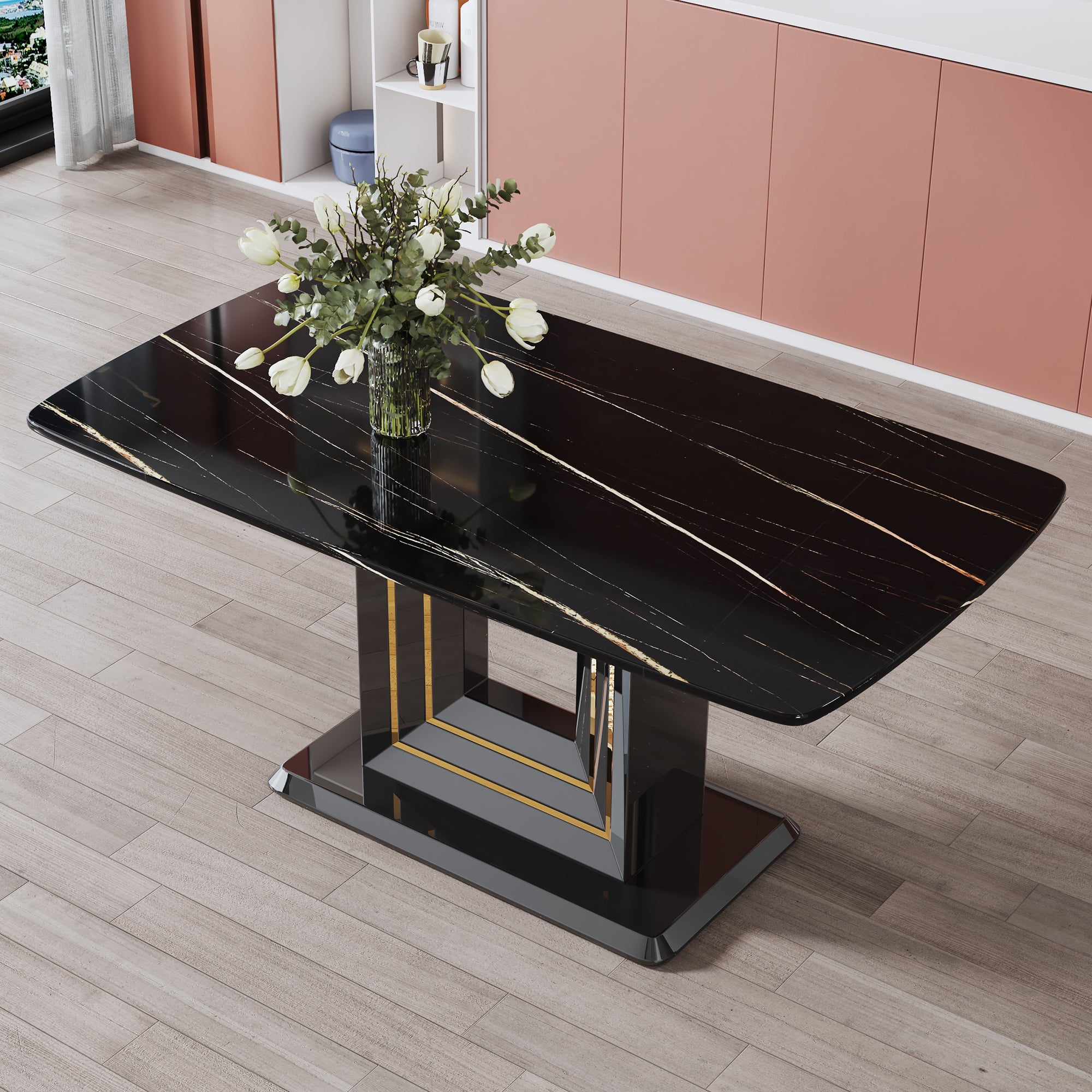 1 table and 4 black chairs. The table features a black imitation marble pattern desktop and black gold MDF legs. Pair with 4 black PU chairs. F-SQ C-007