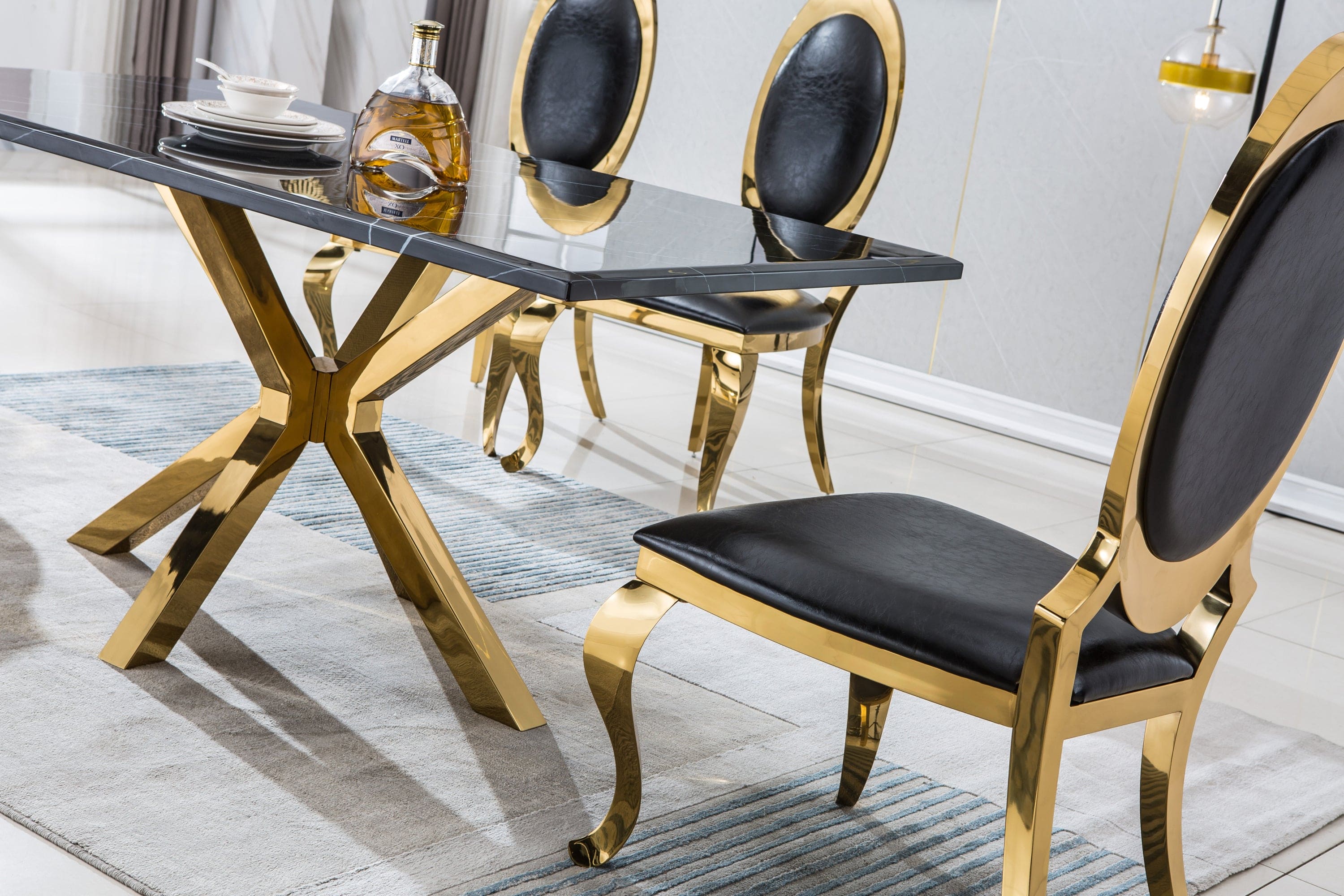 Modern Rectangular Marble Table for Dining Room/Kitchen, 1.02" Thick Marble Top, Gold Finish Stainless Steel Base, Size:79"Lx39"Dx30"H(Not Including Chairs)