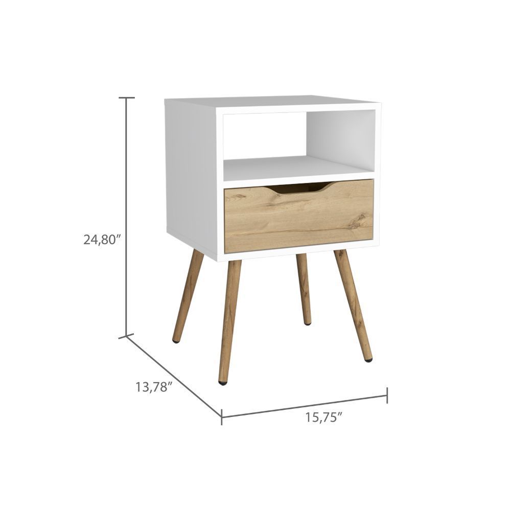 Otom Nightstand , Superior Top, One Open Shelf, One Drawer, Four Legs -White / Light Oak