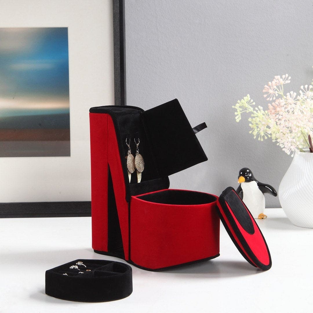 9" Tall Display Jewelry Box with Hidden Storage, High Heel Shoe Design, Red Velvet