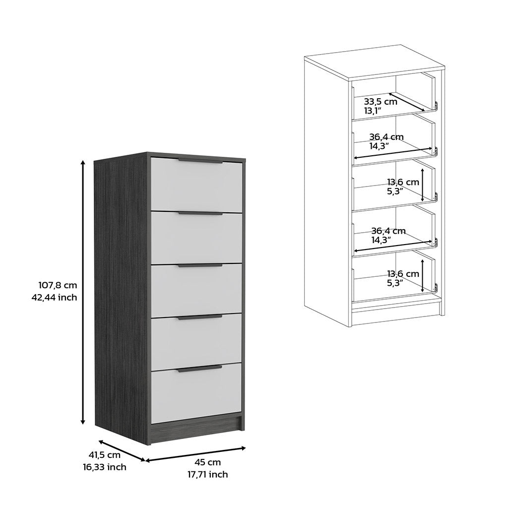 5 Drawers Dresser Maryland, Metal Handle, Smokey Oak / White Finish