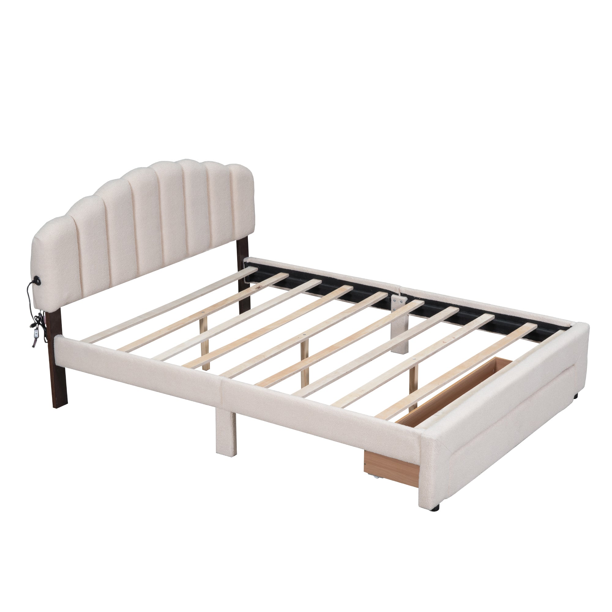 Teddy Fleece Queen Size Upholstered Platform Bed with Drawer, Beige