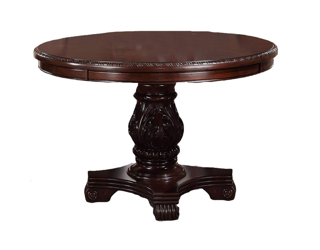 Classic Formal Dining Room Table And 4x Side Chairs Brown 5pc Set Dining Table Pedestal Base Antique Round Table Faux Leather Upholstered Chair