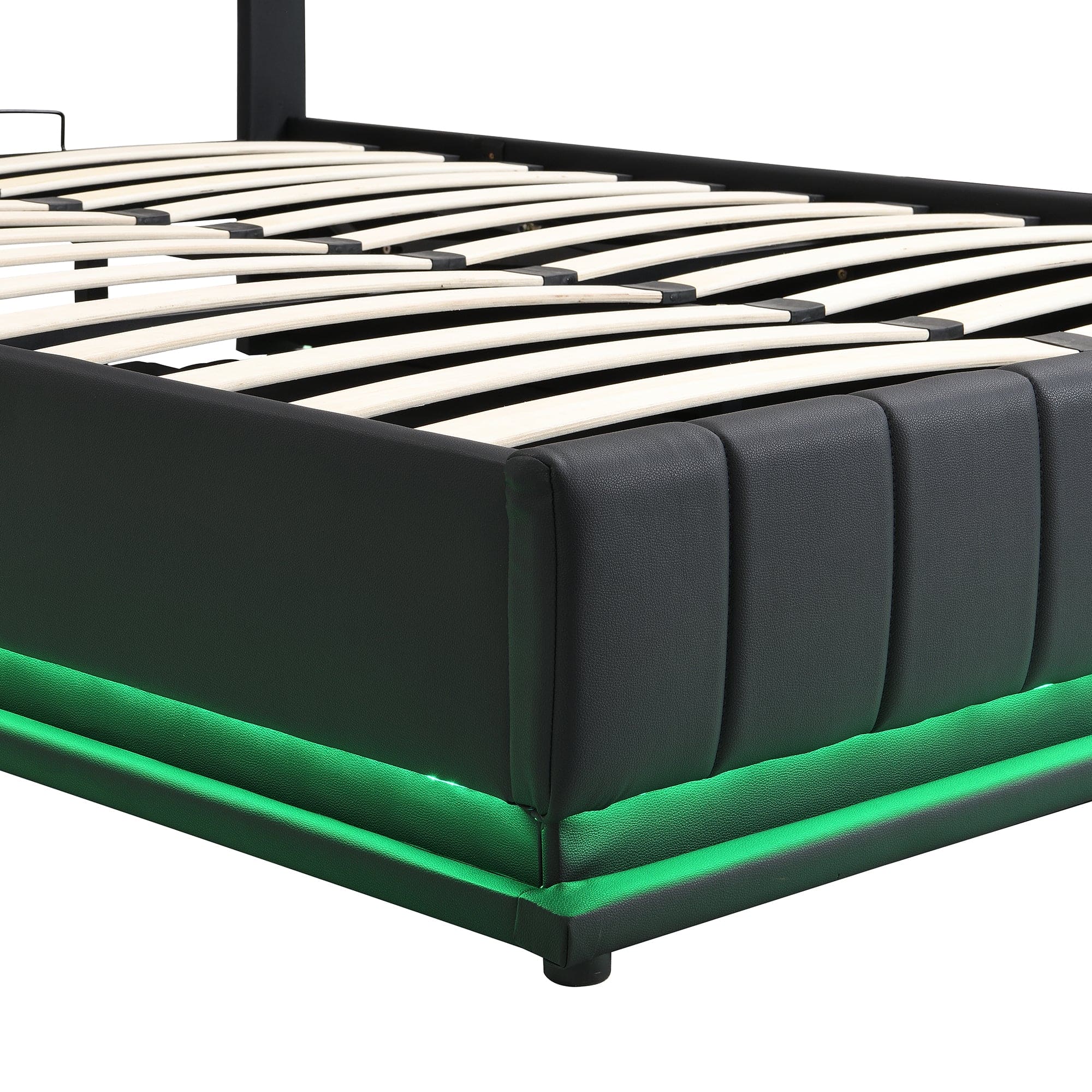 Full Size Upholstered Bed with Hydraulic Storage System and LED Light, Modern Platform Bed with Sockets and USB Ports, Black