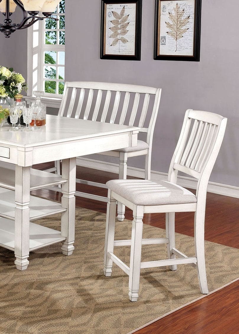 Dining Room Furniture Set of 2pcs Counter Height Chairs Antique White Solid wood Slats Back Light Gray Padded Fabric Seat Cushions