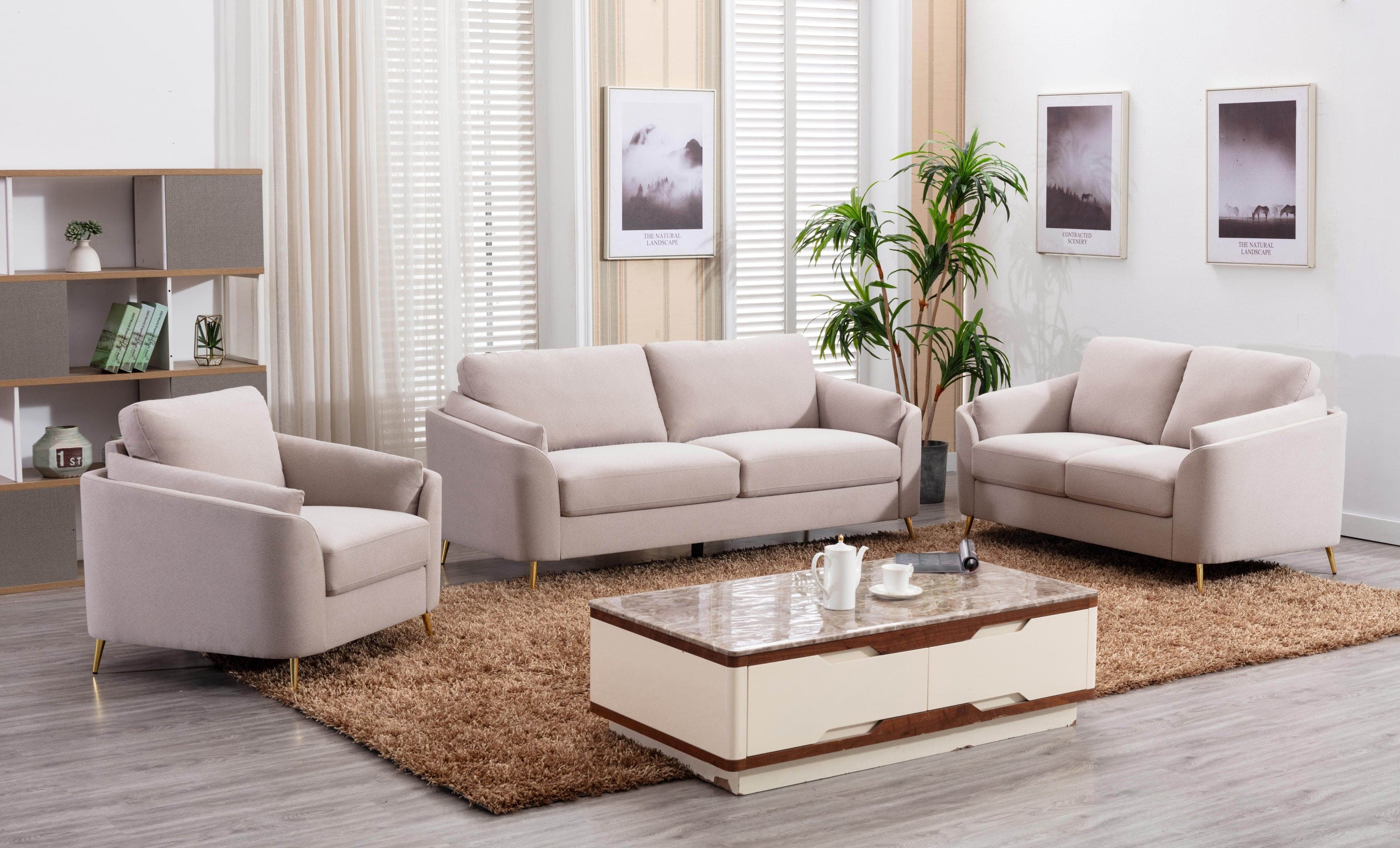 Contemporary 1pc Loveseat Beige Color with Gold Metal Legs Plywood Pocket Springs and Foam Casual Living Room Furniture