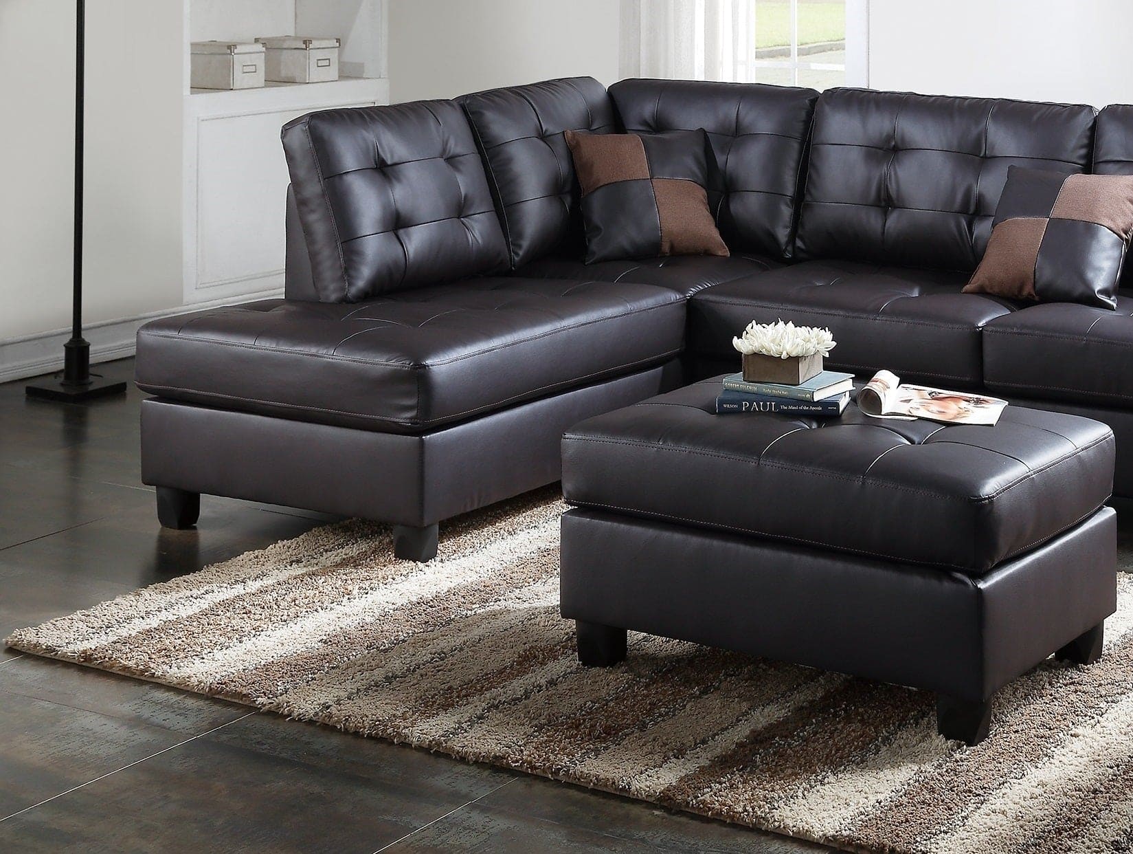 Contemporary Sectional Sofa Espresso Faux Leather Cushion Tufted Reversible 3pc Sectional Sofa L/R Chaise Ottoman Living Room Furniture