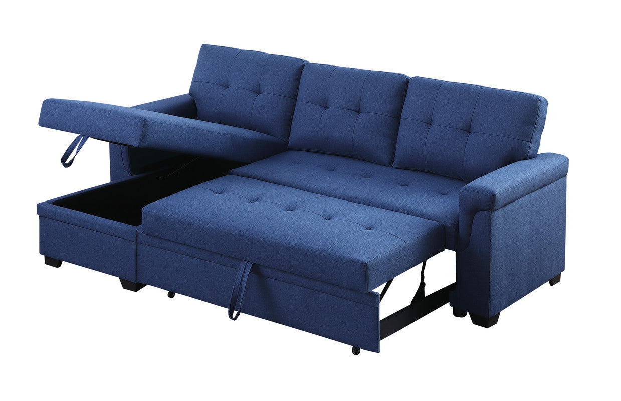 Lucca Blue Linen Reversible Sleeper Sectional Sofa with Storage Chaise