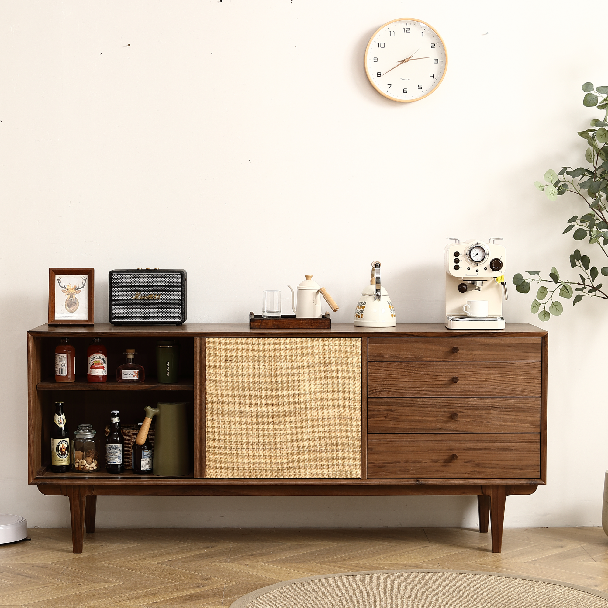 Two Door Four Drawer Cabinet with Natural Rattan Weaving - Black Walnut/Natural Vine MDF Sideboard,Sideboard Buffet Cabinet. 68.89 inch