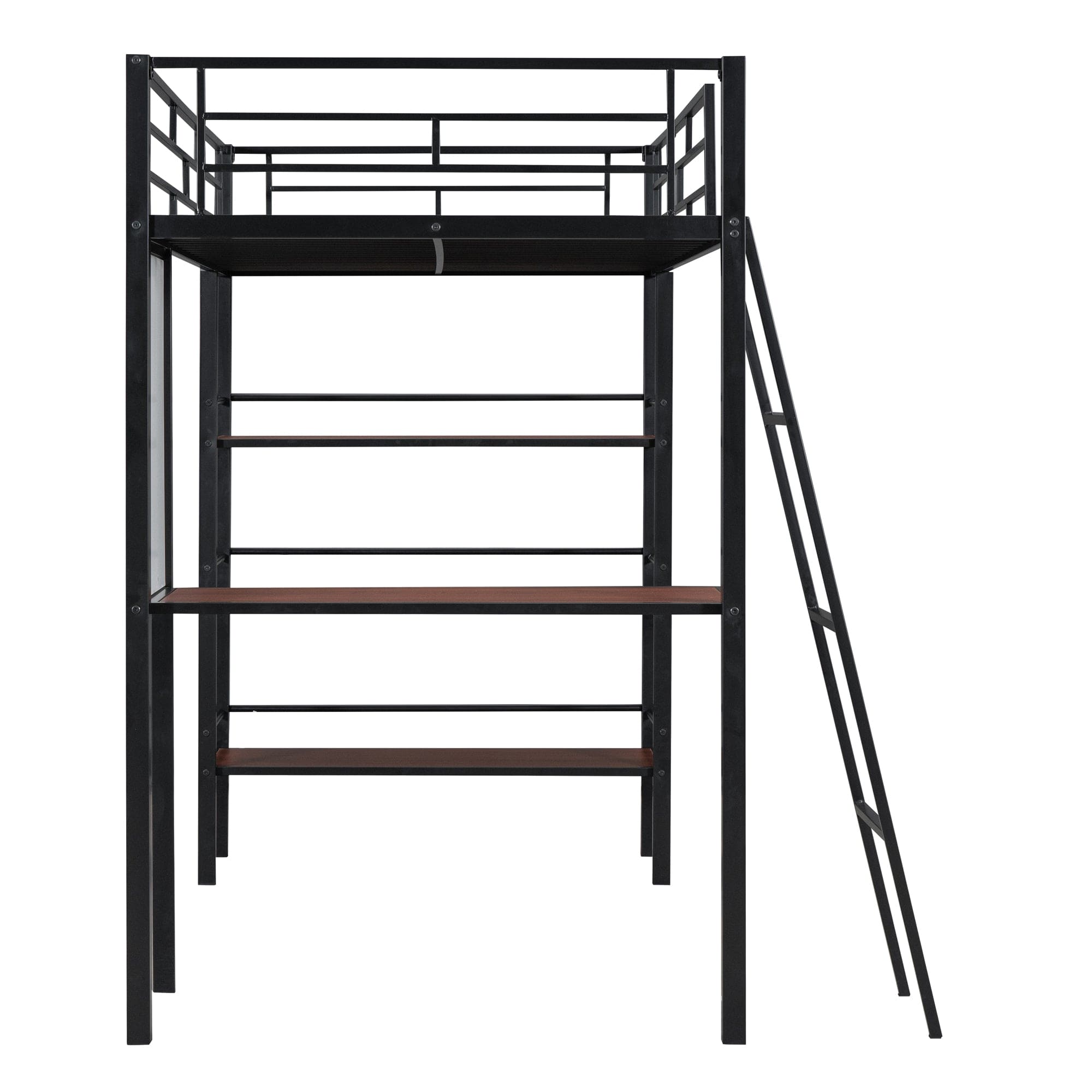 Twin Size Loft Metal Bed with 3 Layers of Shelves and Desk, Stylish Metal Frame Bed with Whiteboard, Black