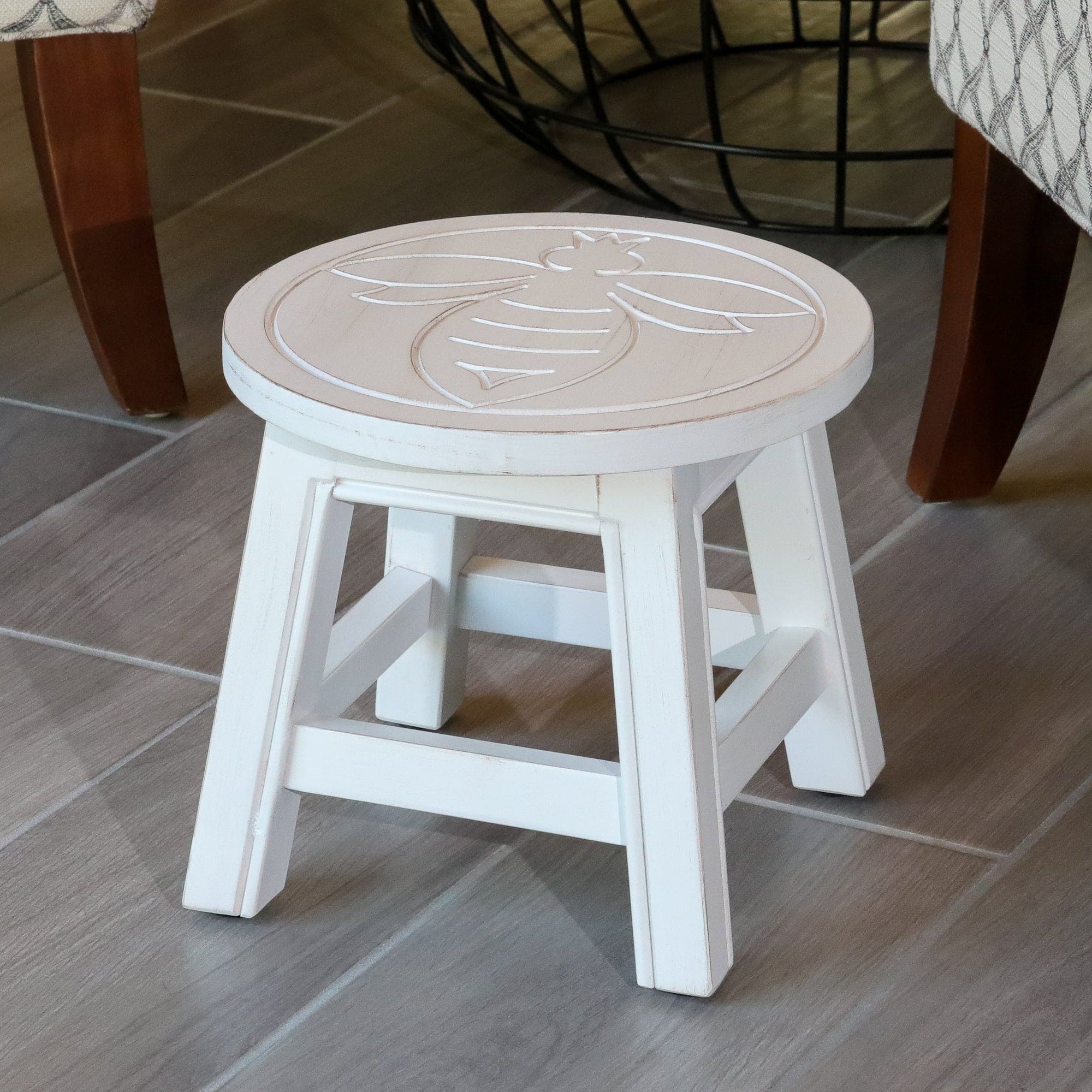 Carved Wooden Step Stool, Queen Bee, Antique White