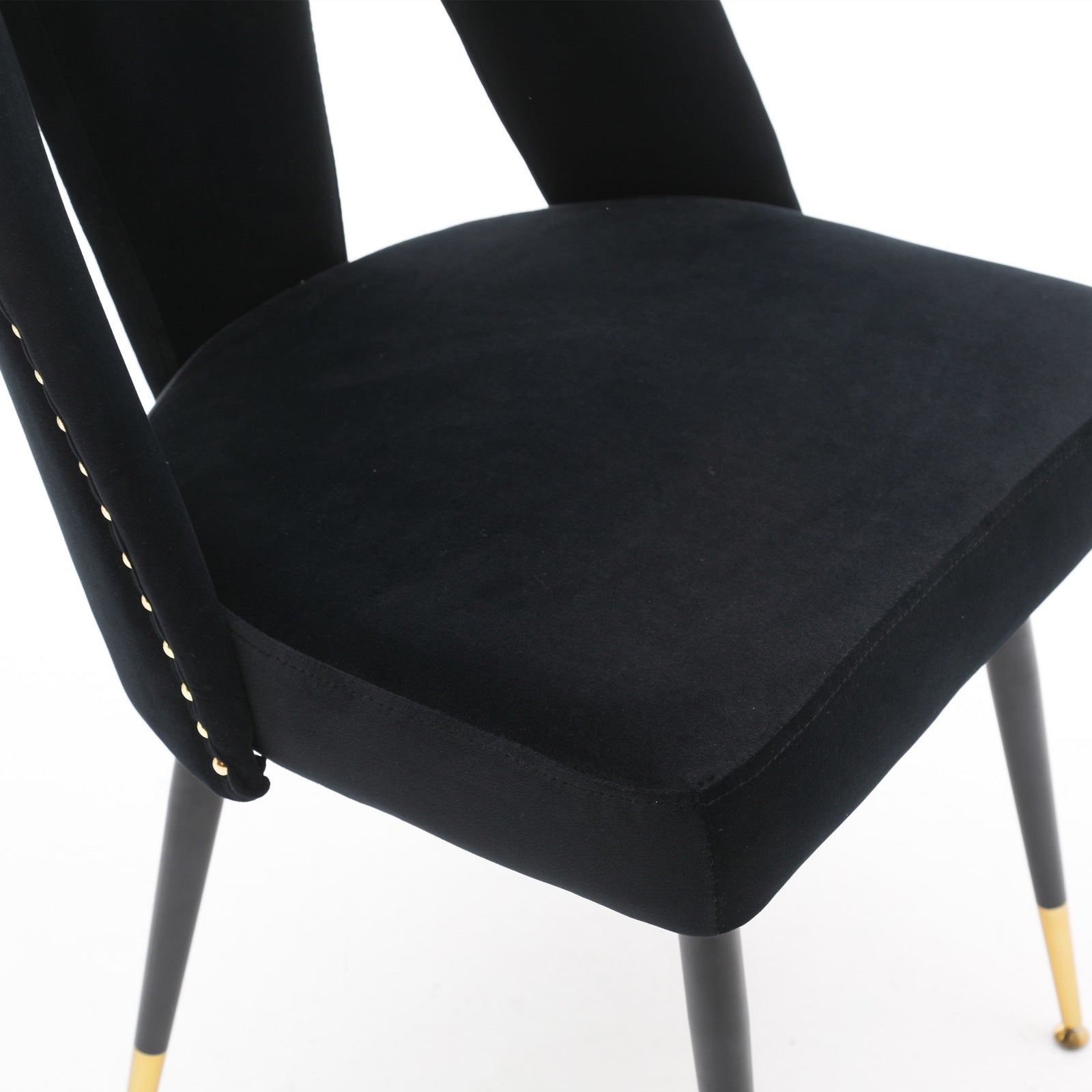 A&A Furniture,Akoya Collection Modern Contemporary Velvet Upholstered Dining Chair with Nailheads and Gold Tipped Black Metal Legs,Black,Set of 2