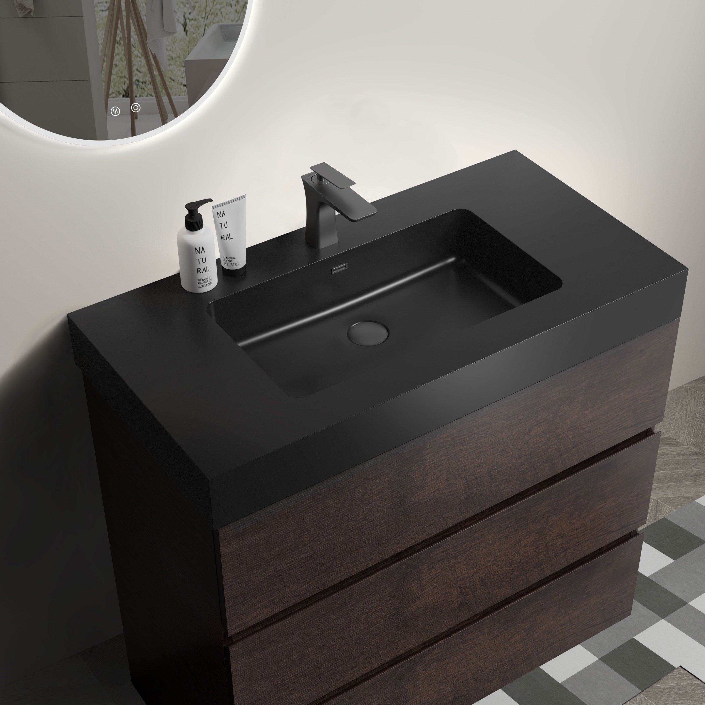 Alice 36" Walnut Bathroom Vanity with Sink, Large Storage Freestanding Bathroom Vanity for Modern Bathroom, One-Piece Black Sink Basin without Drain and Faucet