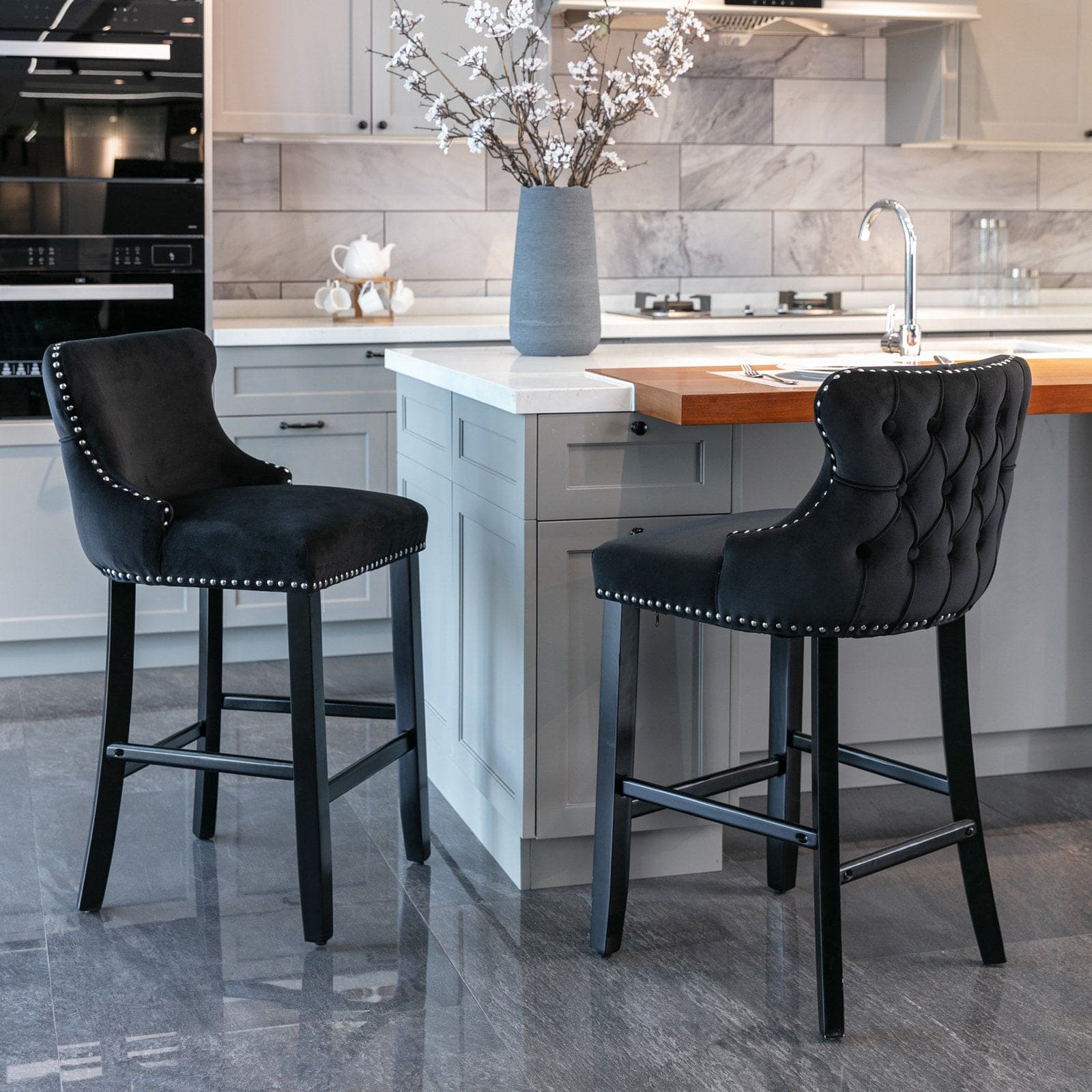 Contemporary Velvet Upholstered Wing-Back Barstools with Button Tufted Decoration and Wooden Legs, and Chrome Nailhead Trim, Leisure Style Bar Chairs,Bar stools,Set of 4 (Black),SW1824BKx2 cartons