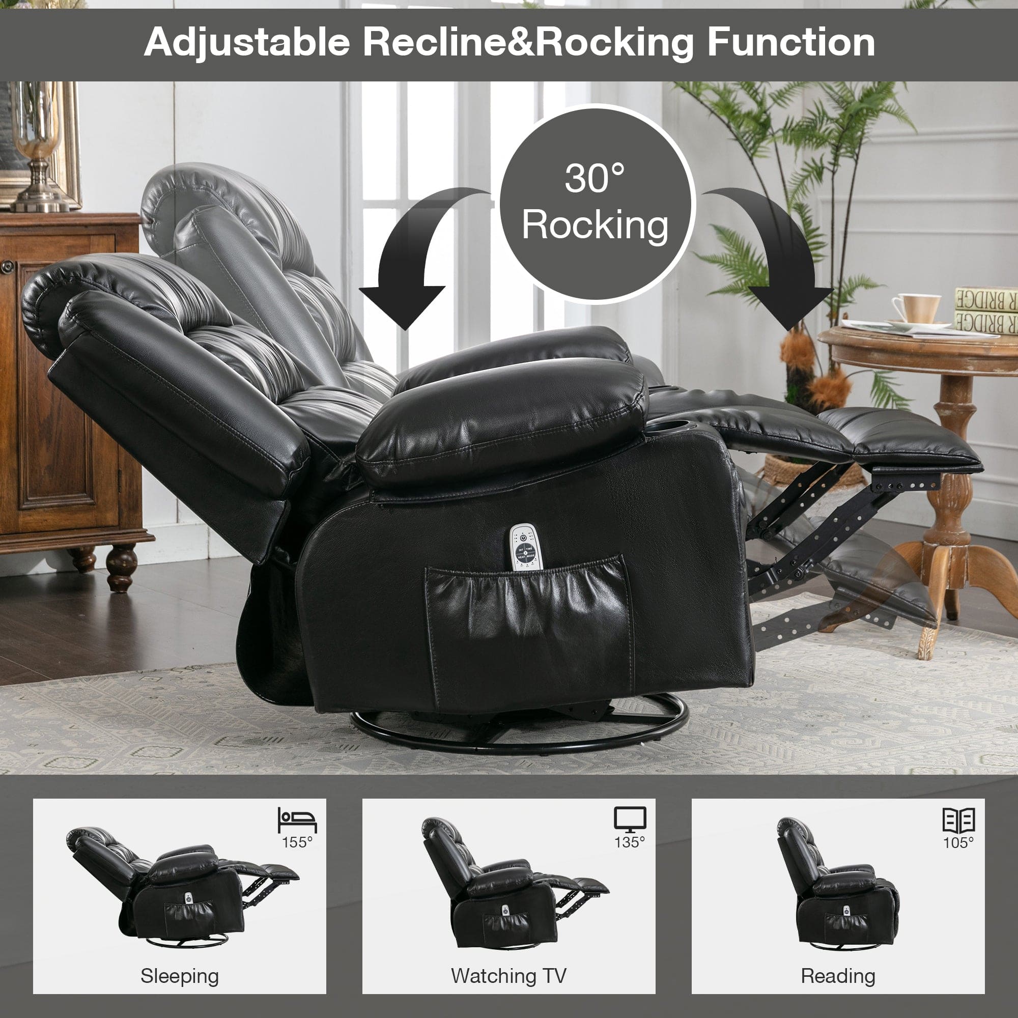 Massage Swivel Rocker Recliner Chair with Vibration Massage and Heat Ergonomic Lounge Chair for Living Room with Rocking Function and Side Pocket   2 Cup Holders USB Charge Port ,black.