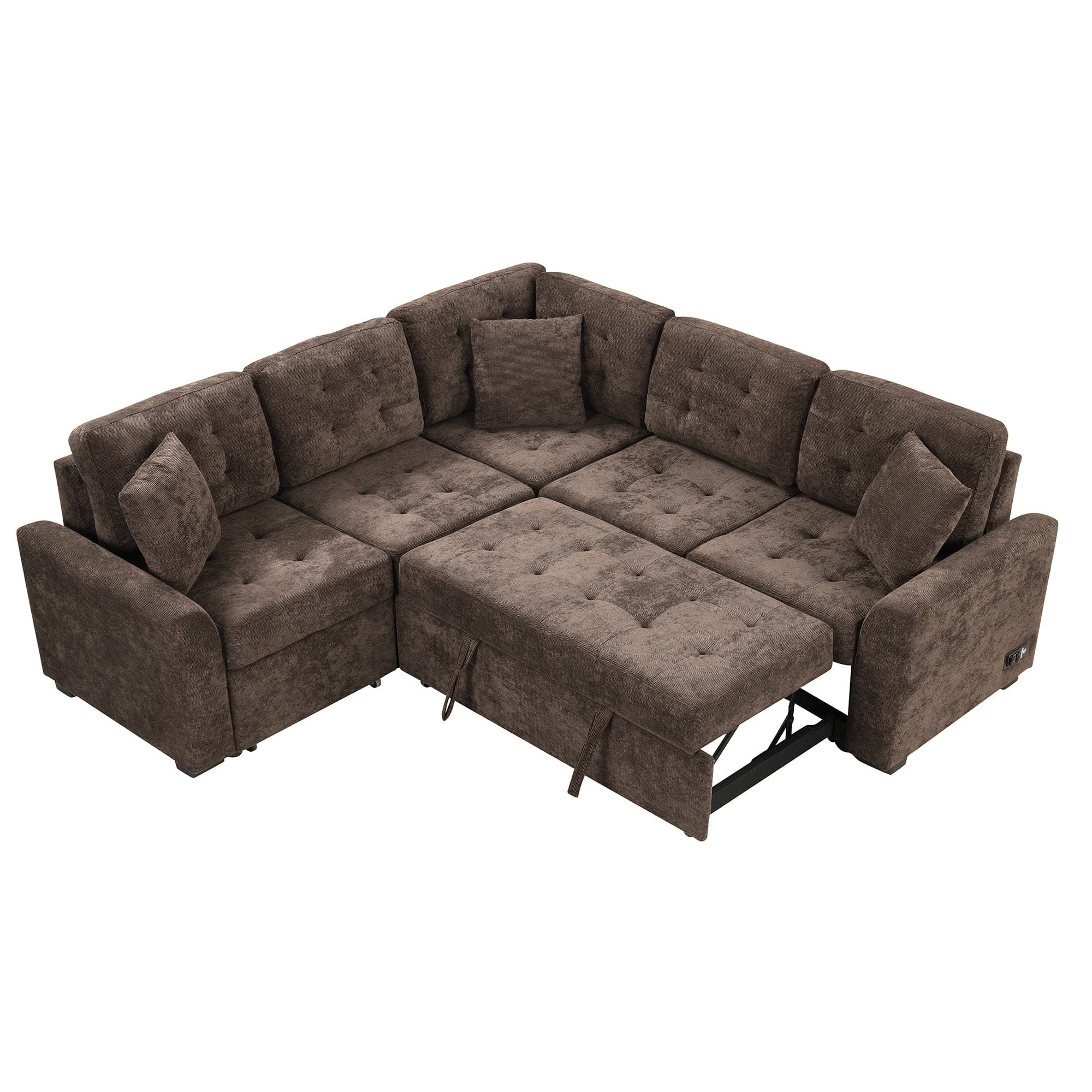 82.6" L-shape Sofa Bed Pull-out Sleeper Sofa with Wheels, USB Ports, Power Sockets for Living Room, Brown