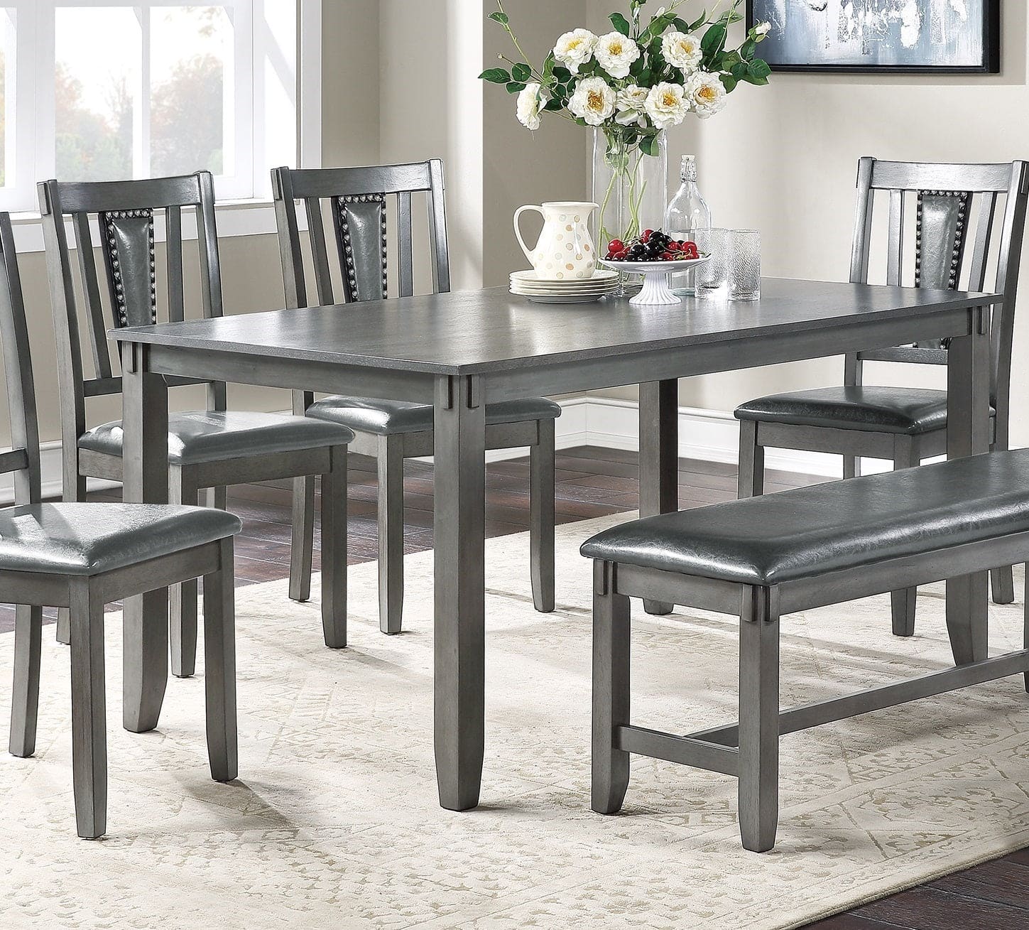 Dining Room Furniture Gray Color 6pc Set Dining Table 4x Side Chairs and A Bench Solid wood Rubberwood and veneers