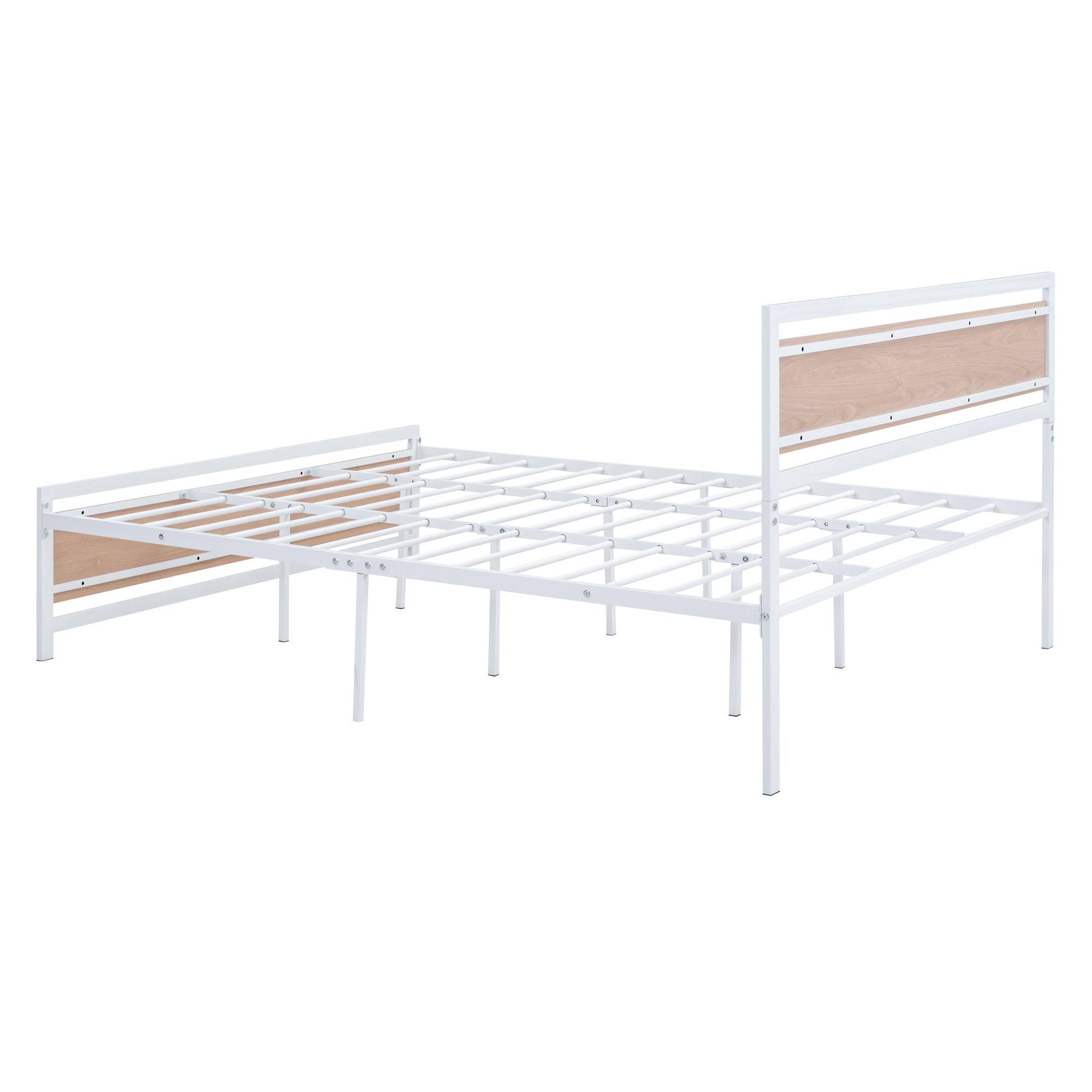 Queen Size Platform Bed, Metal and Wood Bed Frame with Headboard and Footboard , White