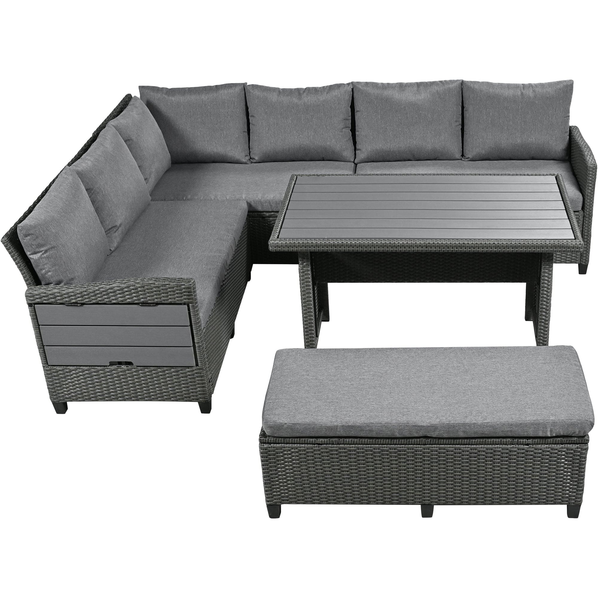 TOMAX 5-Piece Outdoor Patio Rattan Sofa Set, Sectional PE Wicker L-Shaped Garden Furniture Set with 2 Extendable Side Tables, Dining Table and Washable Covers for Backyard, Poolside, Indoor, Gray