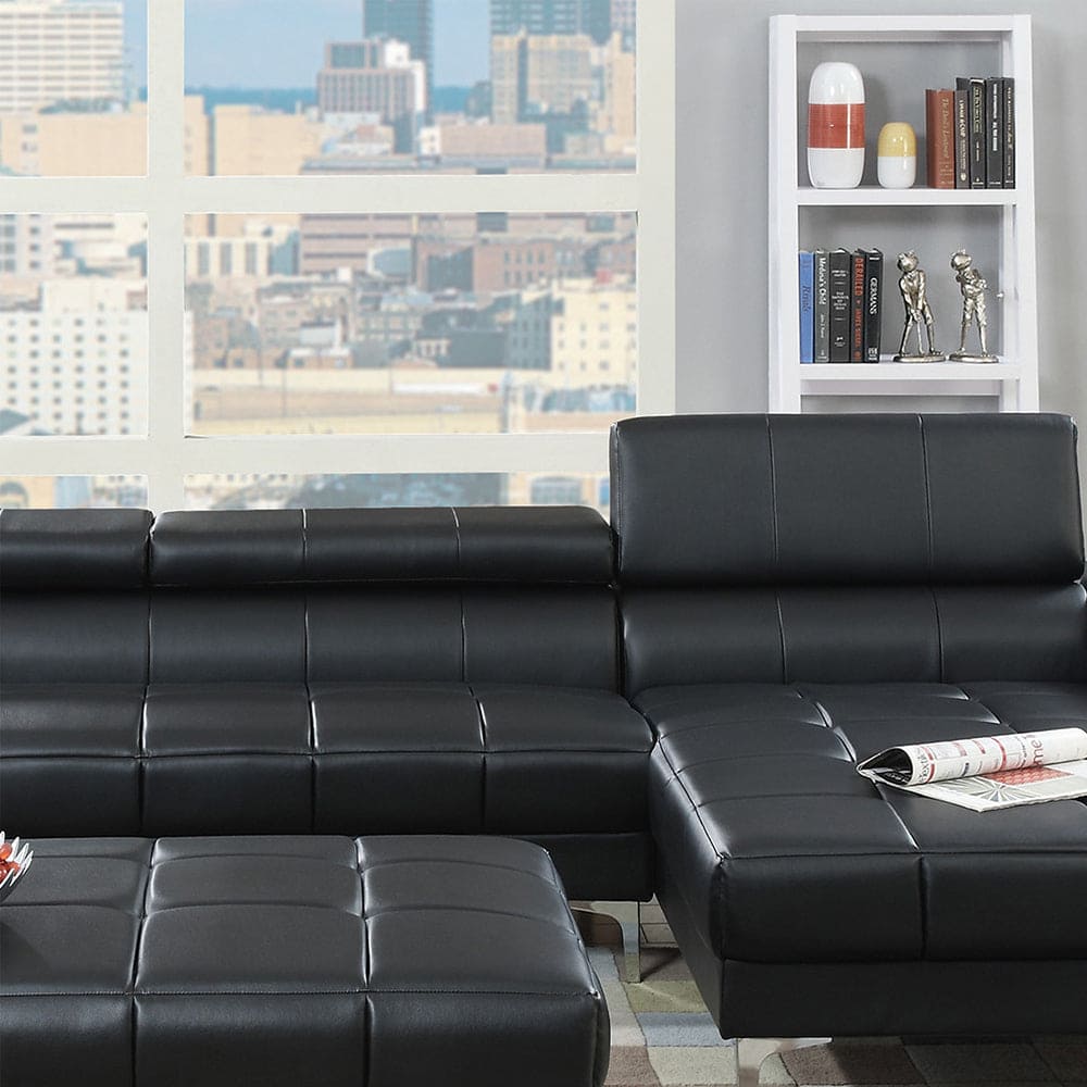 Bonded Leather Sectional Sofa with Adjustable Headrest in Black