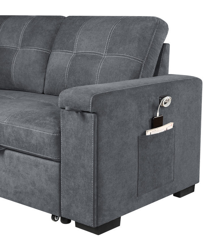 Toby Gray Woven Fabric Reversible Sleeper Sectional Sofa with Storage Chaise Cup Holder USB Ports and Pockets