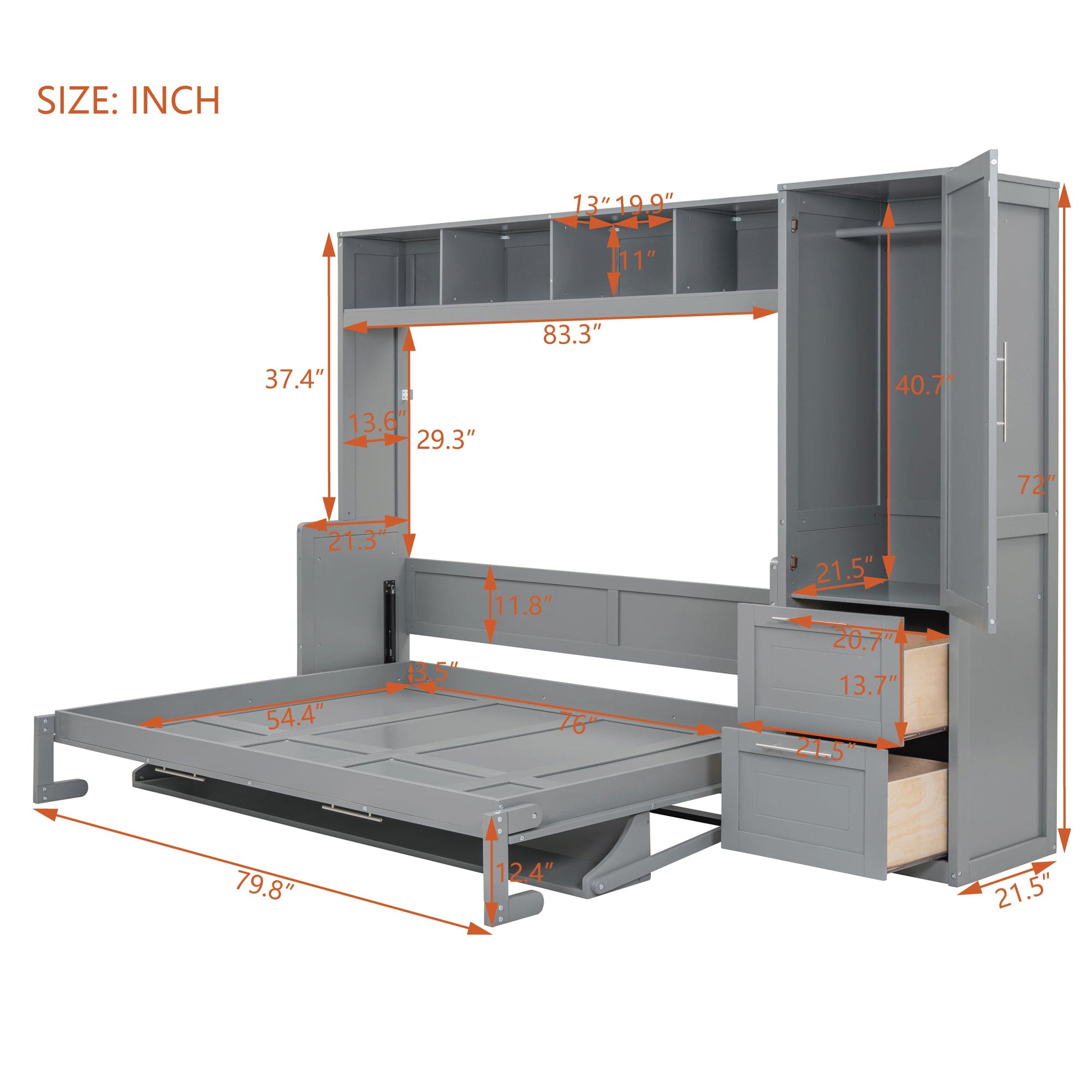 Full Size Murphy Bed Wall Bed with Closet and Drawers,Gray