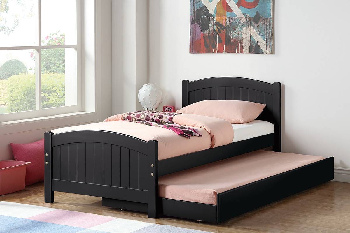 Twin Size Bed w/ Trundle Slats Black Pine Plywood Kids Youth Bedroom Furniture