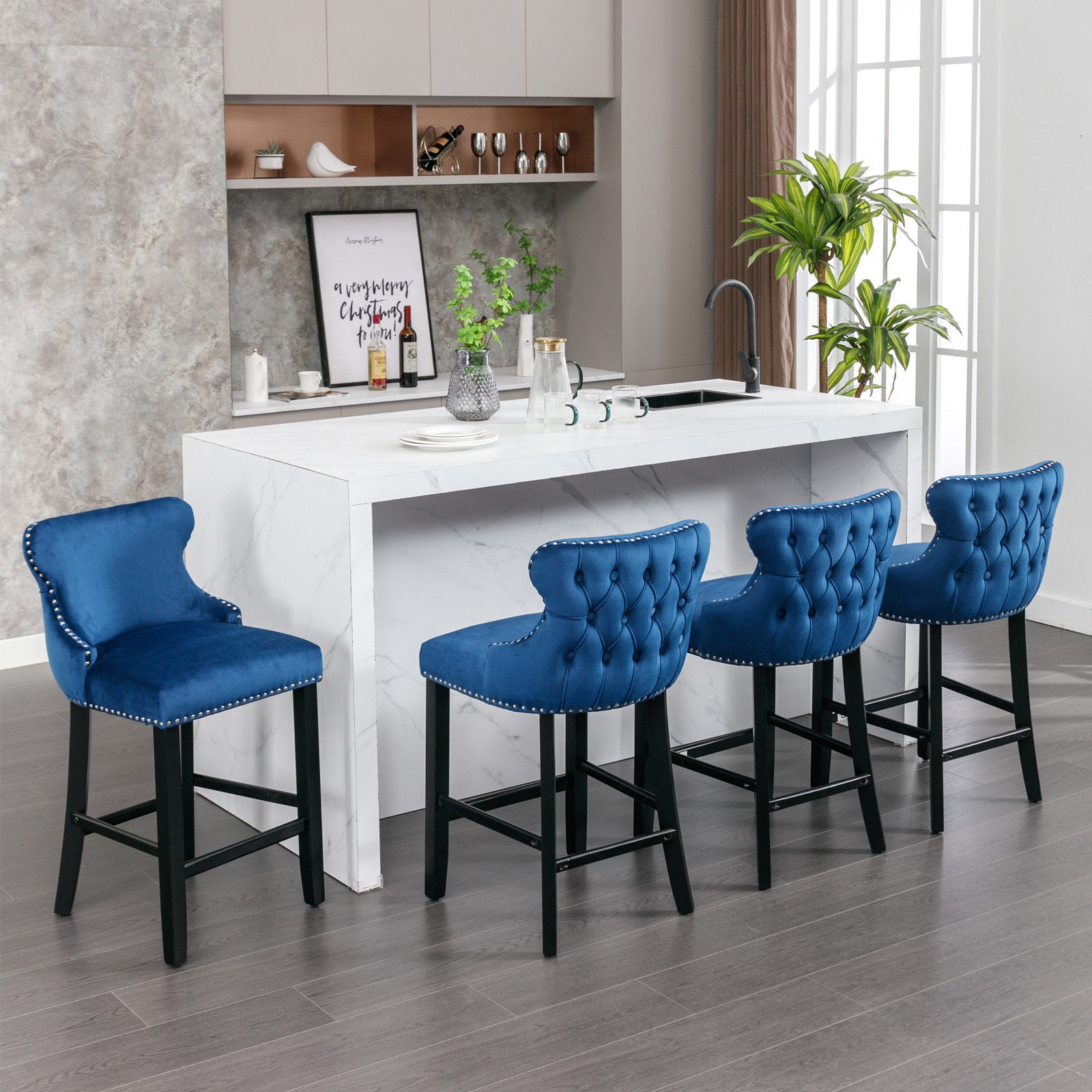 A&A Furniture,Contemporary Velvet Upholstered Wing-Back Barstools with Button Tufted Decoration and Wooden Legs, and Chrome Nailhead Trim, Leisure Style Bar Chairs,Bar stools,Set of 2 (Blue),SW1824BL