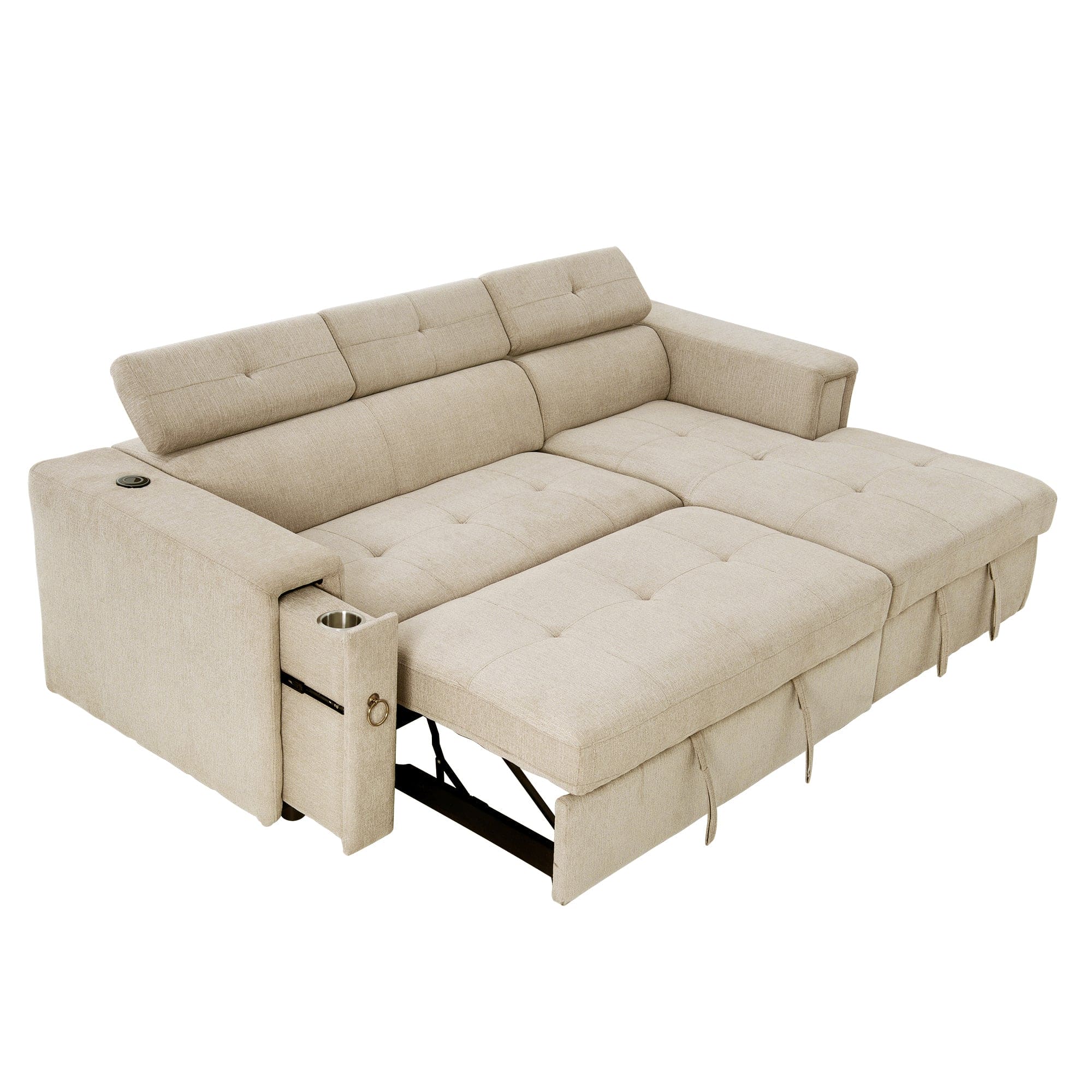 96" Multi-Functional Pull-Out Sofa Bed L-Shape Sectional Sofa with Adjustable Headrest, Wireless Charging, Cup Holders and Hidden Storage for Living Room, Bedroom, Office, Beige