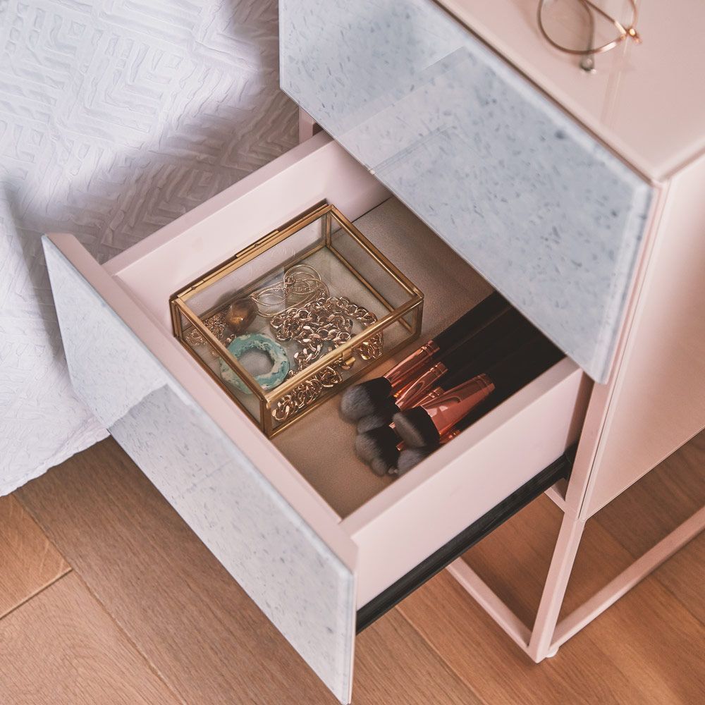 Tempered Glass Marble Stone Double Drawer Bedside Table for Bedroom, Living Room